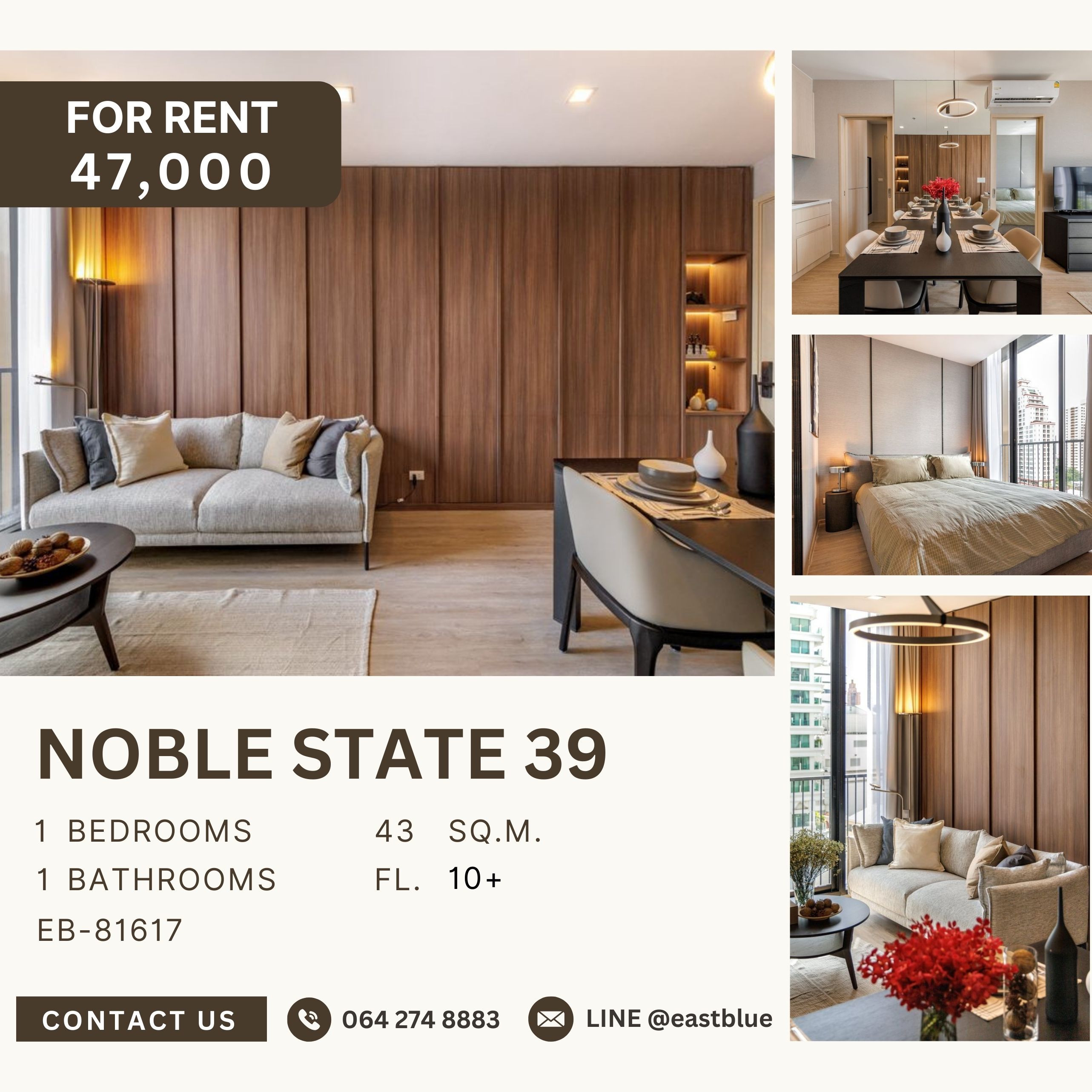 ให้เช่าคอนโดสุขุมวิท อโศก ทองหล่อ : NOBLE STATE 39, 1 bed, 47000 per month