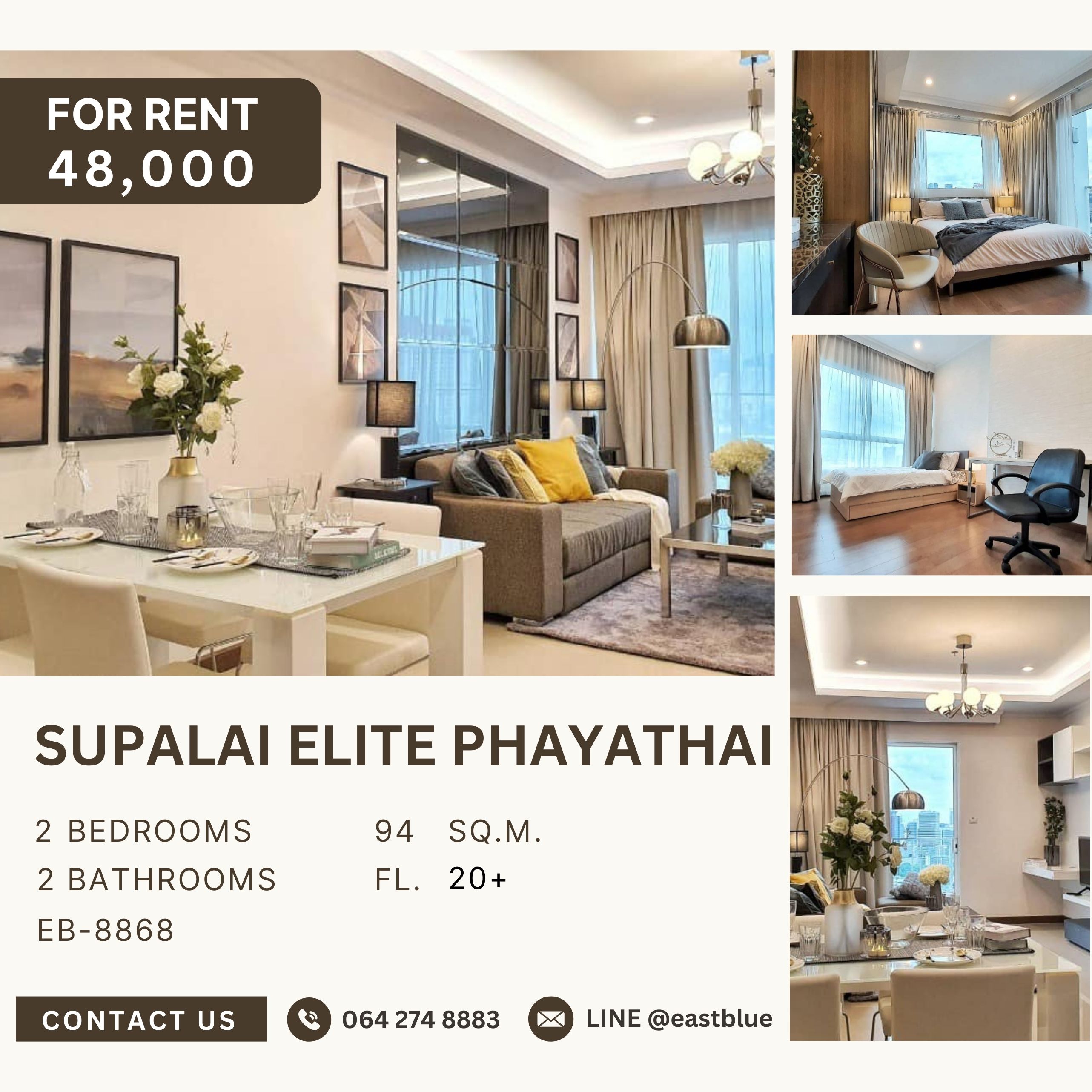 For RentCondoRatchathewi,Phayathai : Supalai Elite Phayathai, 2 bed, 48000 per month