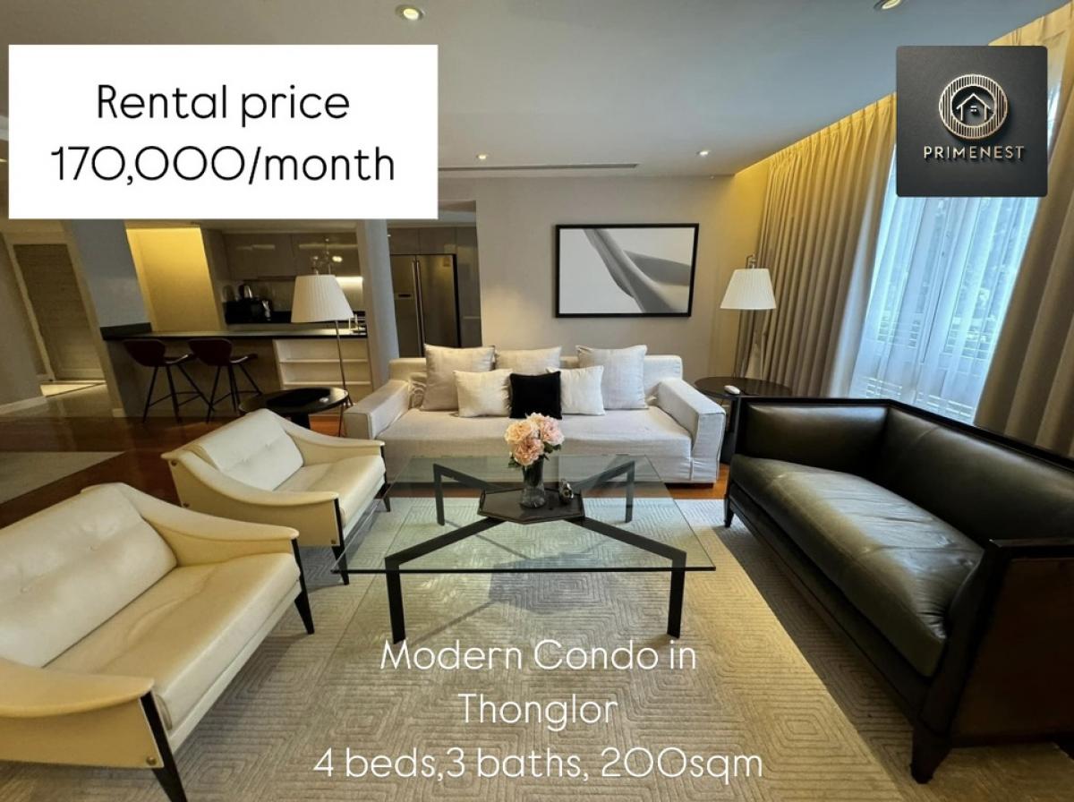 ให้เช่าคอนโดสุขุมวิท อโศก ทองหล่อ : Rental : 𝙈𝙤𝙙𝙚𝙧𝙣 𝘾𝙤𝙣𝙙𝙤 𝙞𝙣 𝙏𝙝𝙤𝙣𝙜𝙡𝙤𝙧 , 4 Beds 3 Bath , 200 sqm