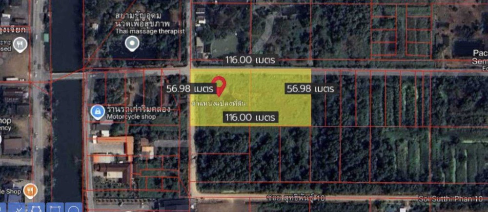 For SaleLandPathum Thani,Rangsit, Thammasat : Land for sale, corner plot, 4 rai, Khlong Hok, width 116 meters, depth 57 meters