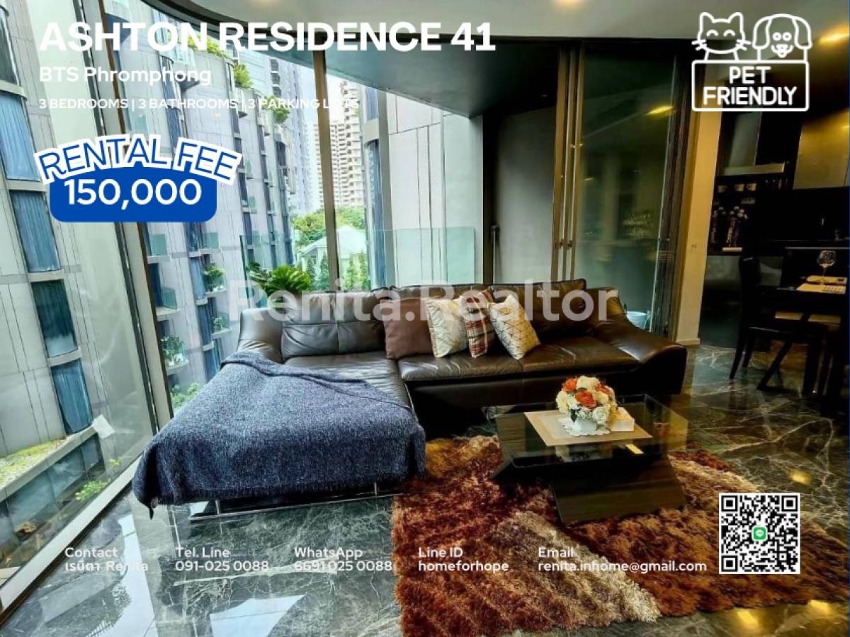 ให้เช่าคอนโดสุขุมวิท อโศก ทองหล่อ : Luxury Pet-Friendly 3-Bed Condo for rent at Ashton Residence 41 / Size: 135 sqm. / 3 Parking reserved spots 💸 Rent: 150,000 THB/month