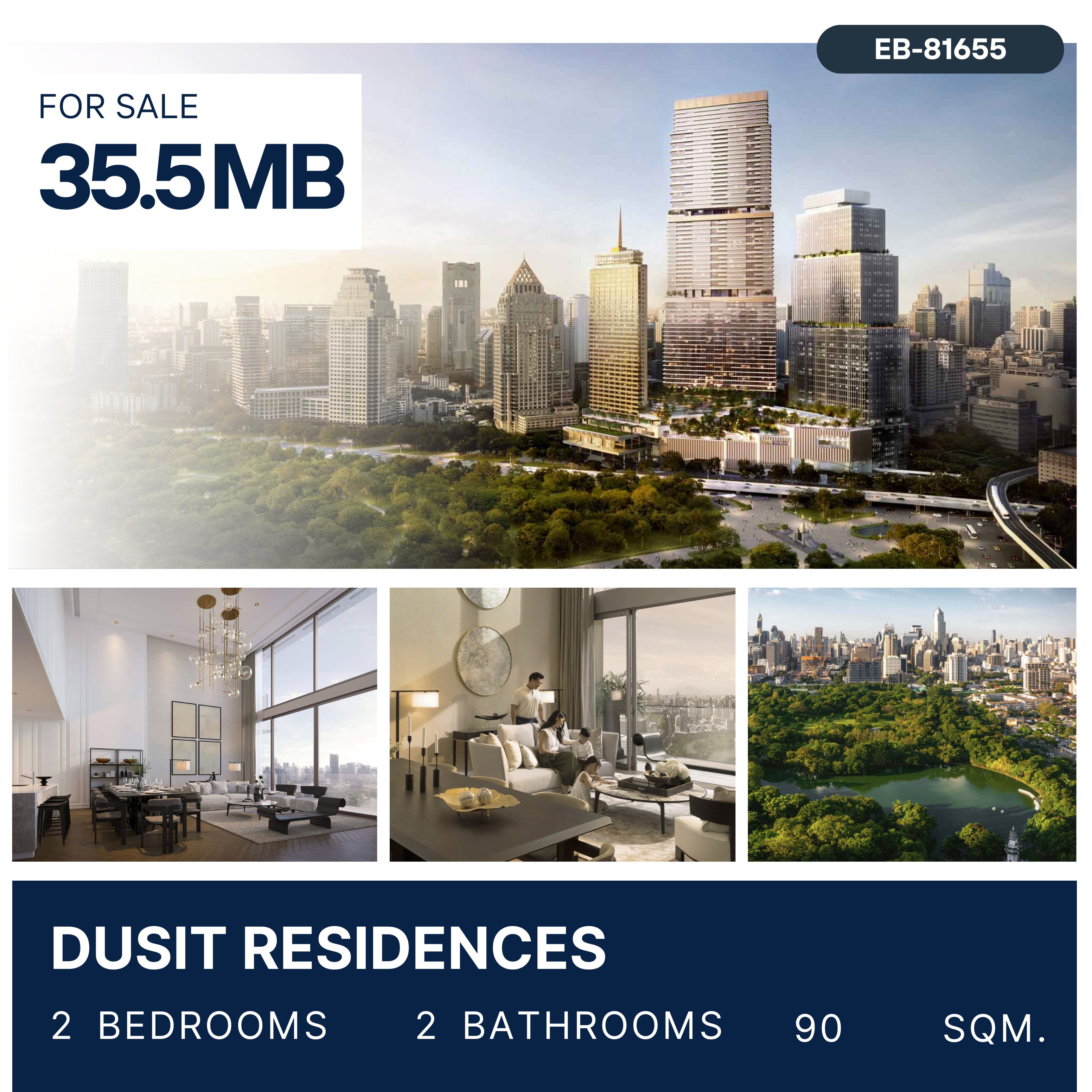 For SaleCondoSilom, Saladaeng, Bangrak : ขายดาวน์ Dusit Residences Luxury Condo ราคาดีที่สุด ชั้นสูงวิวสวนลุม (Leasehold) 2 ห้องนอน 90 ตรม ชั้นสูง 20+ 35.5 ล้านบาท