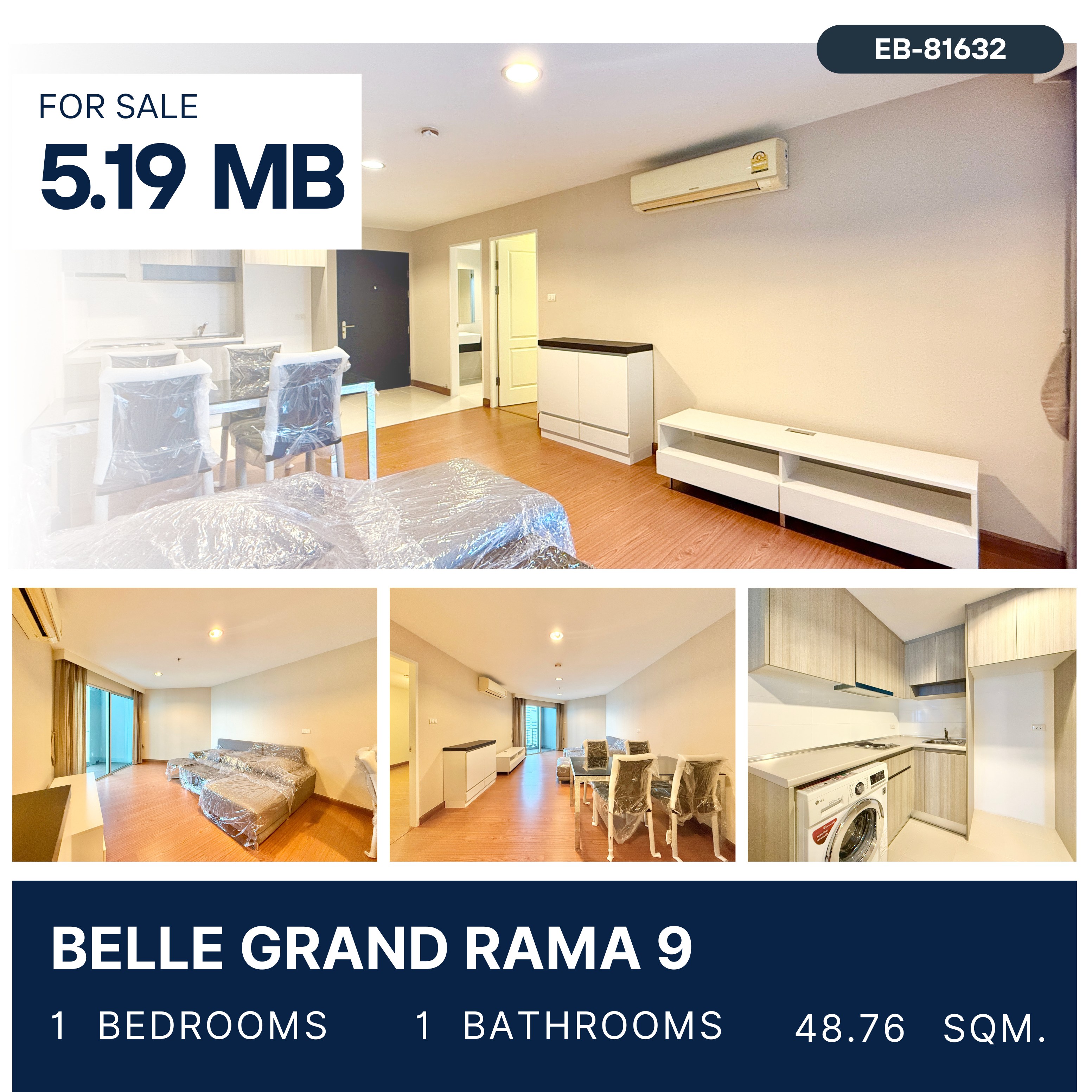 For SaleCondoRama9, Petchburi, RCA : Belle Grand Rama 9 ห้องสภาพใหม่มาก วิวโปร่ง ราคาถูก 1 ห้องนอนไซส์ใหญ่ 48.76 ตรม 5.19 ล้านบาท