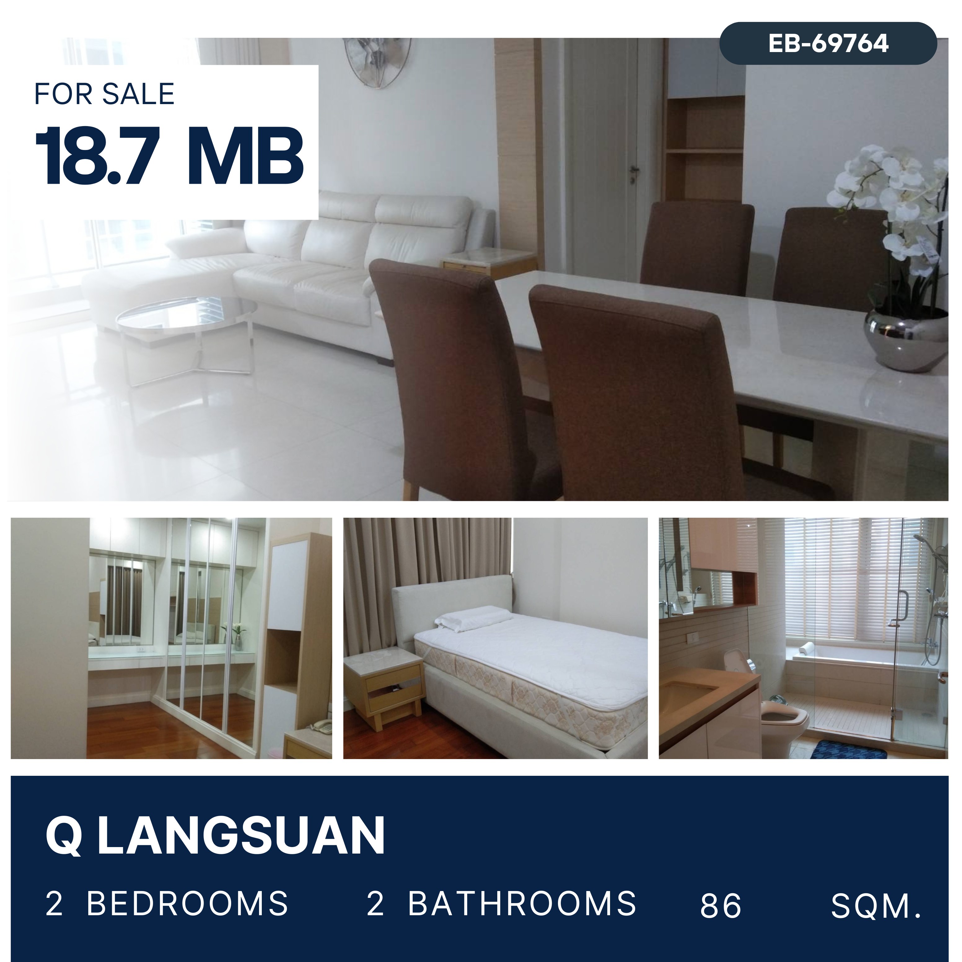 For SaleCondo : Best deal in Langsuan road area! Near BTS Chidlom and Central Embassy 2 Bed 2 Bath 84 sqm 18,700,000