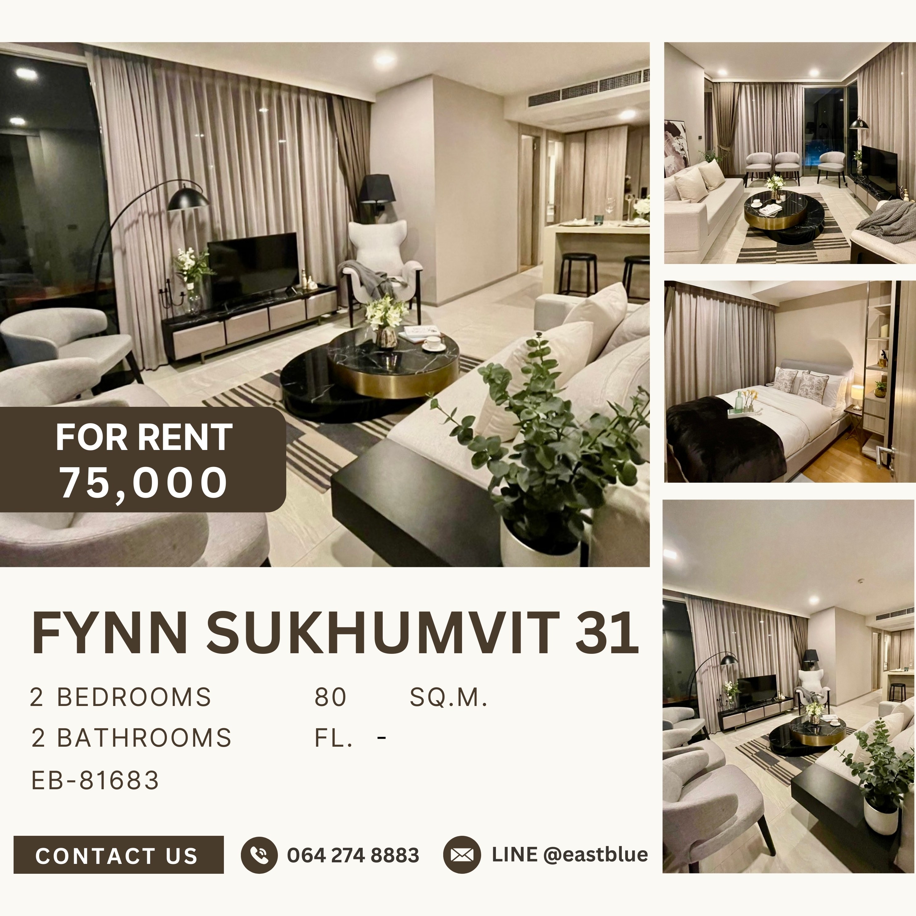 For RentCondoSukhumvit, Asoke, Thonglor : FYNN Sukhumvit 31, 2 bed, 75000 per month