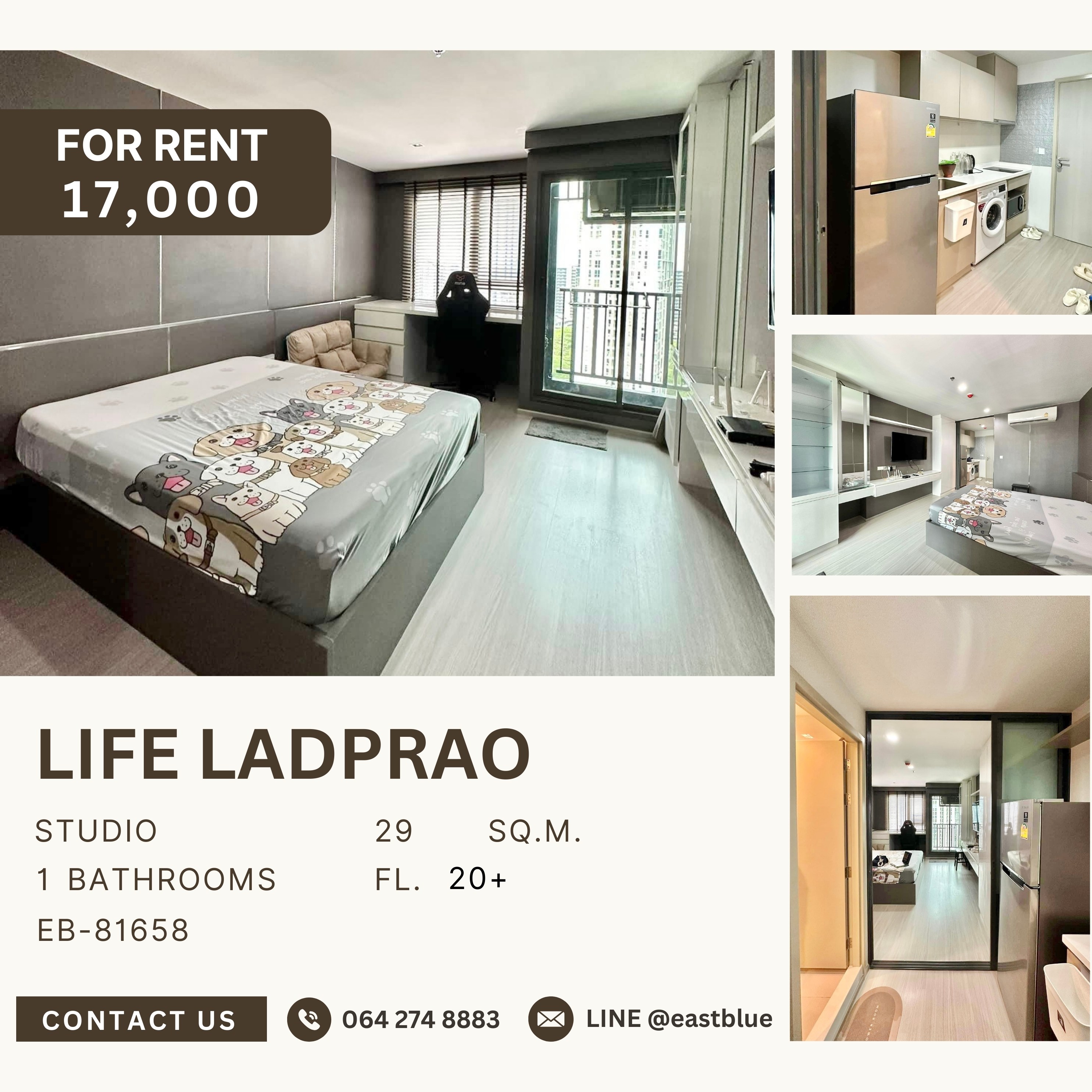 ให้เช่าคอนโดลาดพร้าว เซ็นทรัลลาดพร้าว : Life Ladprao, Studio bed, 17000 per month