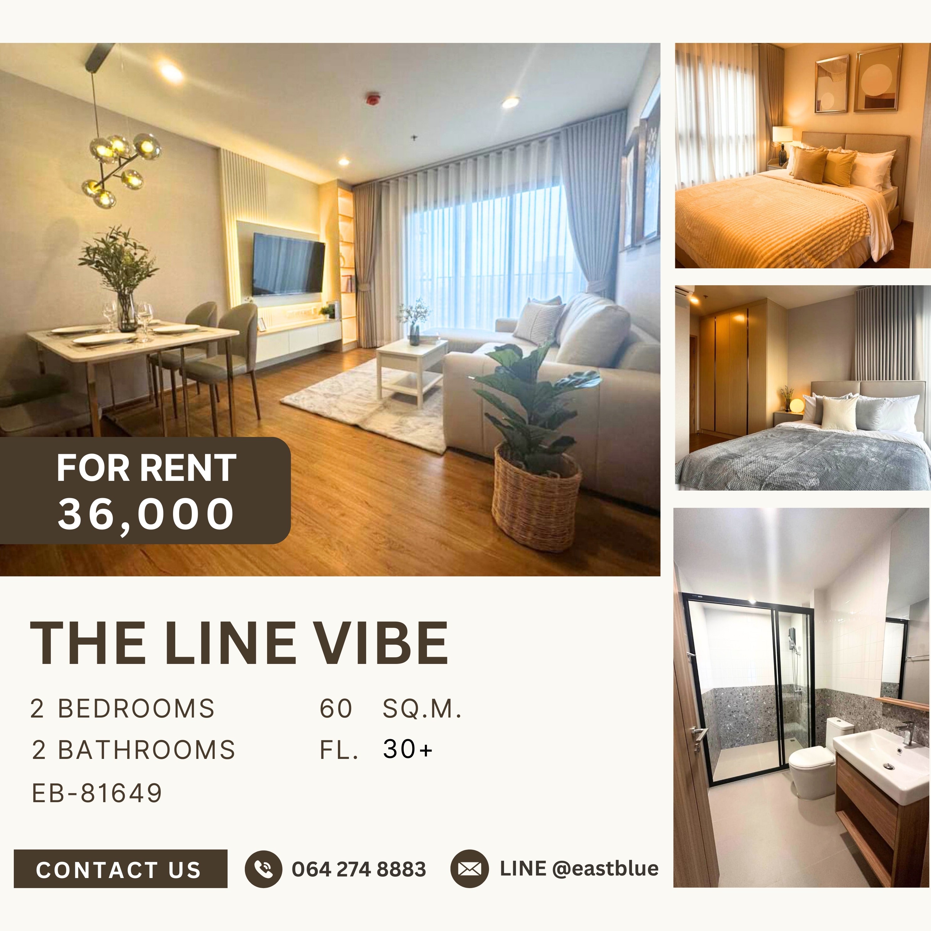 For RentCondoLadprao, Central Ladprao : THE LINE VIBE, 2 bed, 36000 per month