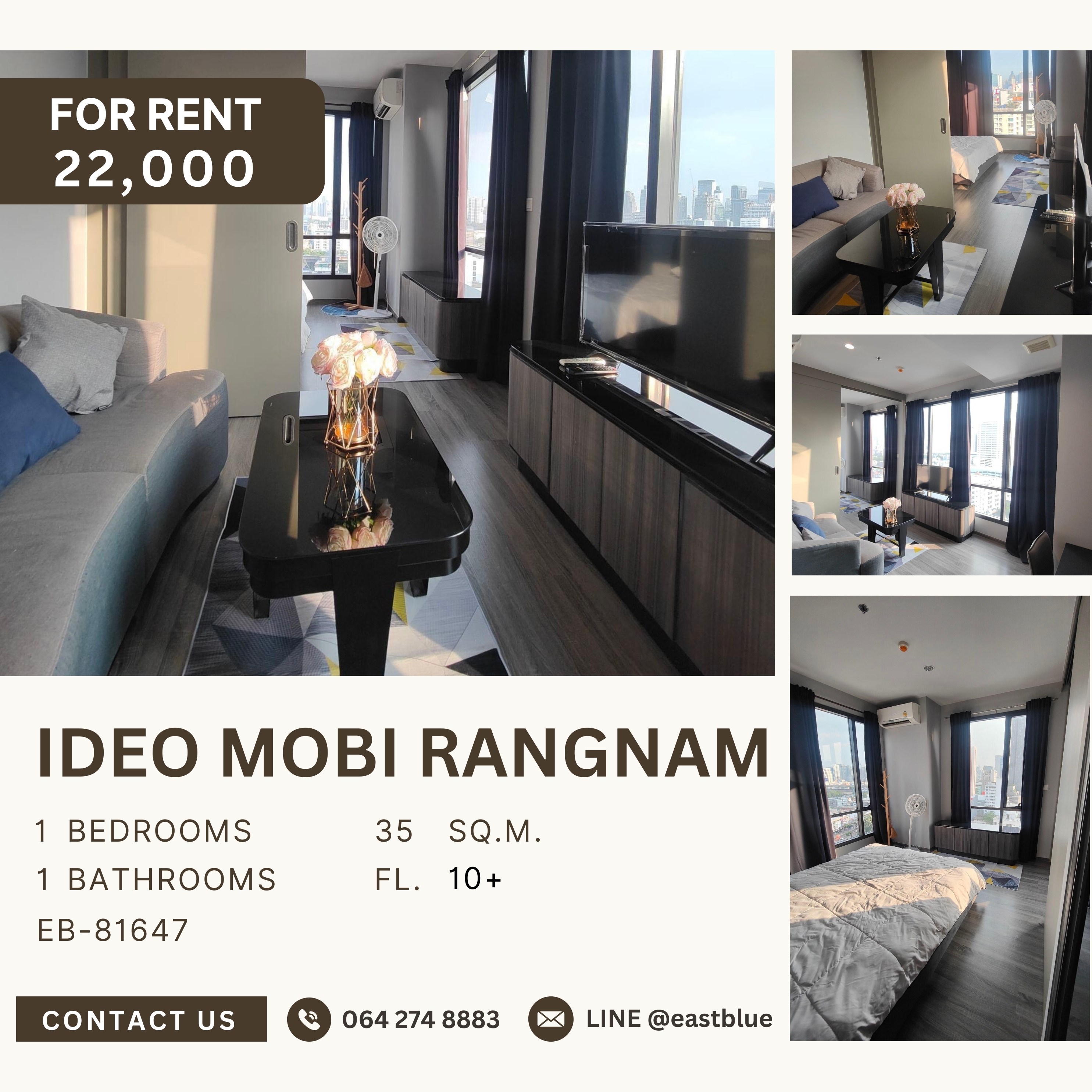 ให้เช่าคอนโดราชเทวี พญาไท : Ideo Mobi Rangnam, 1 bed, 22000 per month