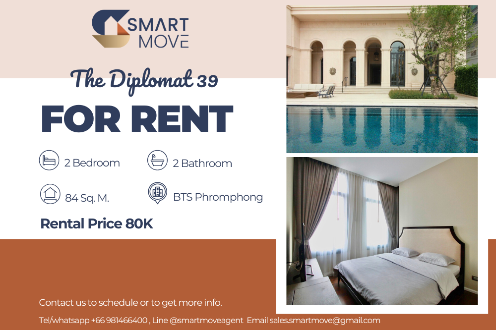 For RentCondoSukhumvit, Asoke, Thonglor : 💥💥FOR RENT !! RARE ITEM !! 💥💥Code C20230207801..........The Diplomat 39, 2 bedrooms, 2 bathrooms, South Facing, With bathtub, high floor 23+, furnished, ready to move in📢