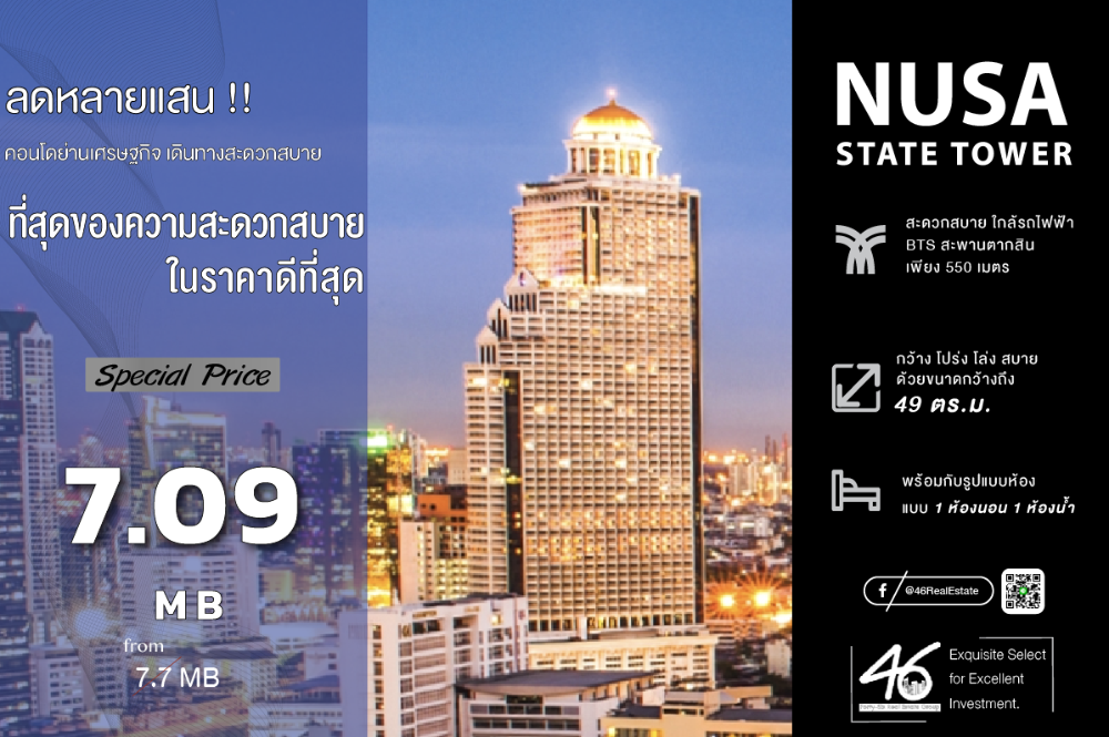 ขายคอนโดสาทร นราธิวาส : ขายคอนโด  Nusa State Tower Condo  1 ห้องนอน  49 ตร.ม.  ห้องตกแต่งสวย สุดหรู พร้อมเครื่องใช้ไฟฟ้าครบครัน ทำเลดีมาก ติดทางด่วนสีลม และใกล้ BTS สะพานตากสิน สนใจนัดชมห้องได้เลยครับ