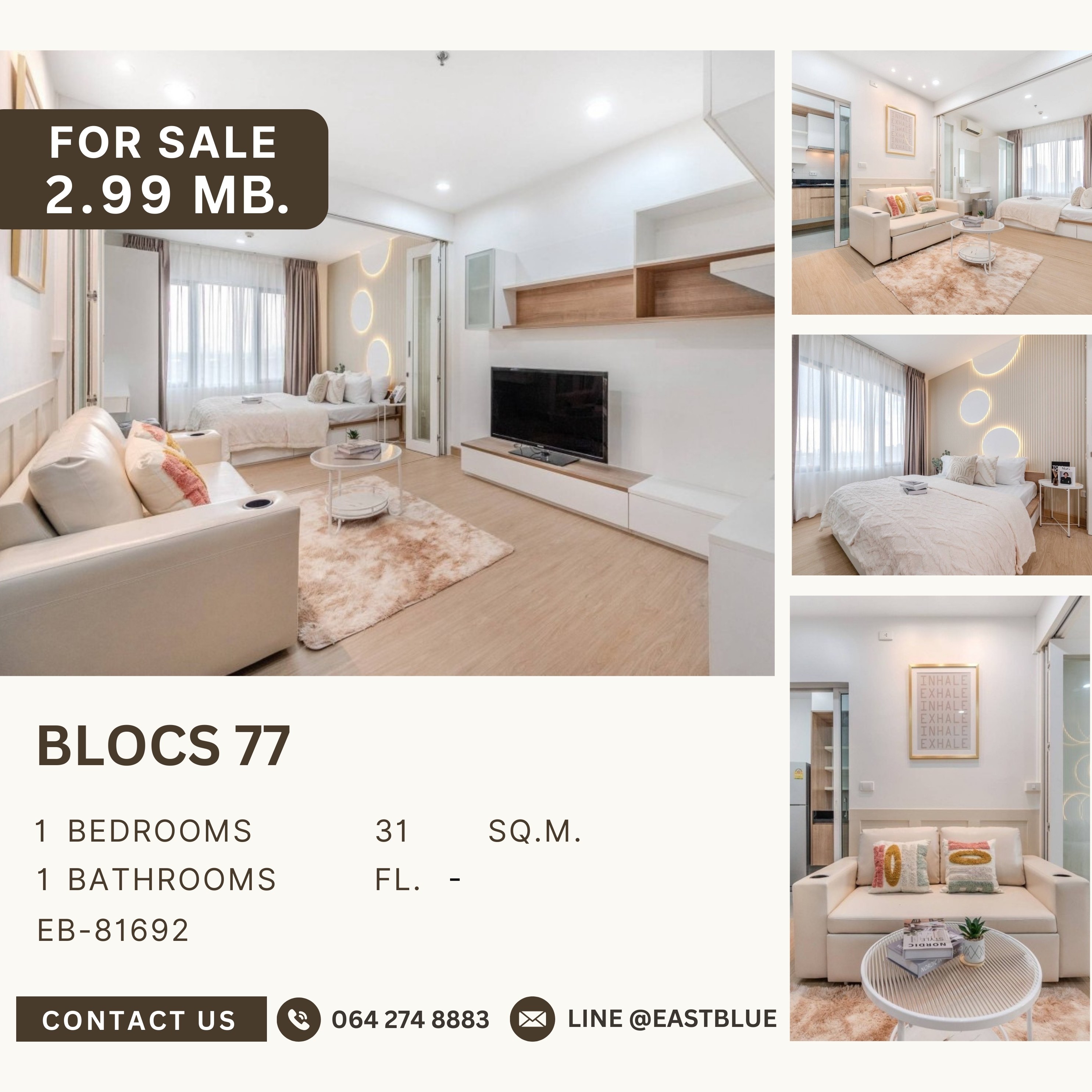 For SaleCondoOnnut, Udomsuk : ขาย Blocs 77 ห้องแต่งสวย ชั้นสูงวิวโปร่ง ราคาดี 2.99 ล้านบาท