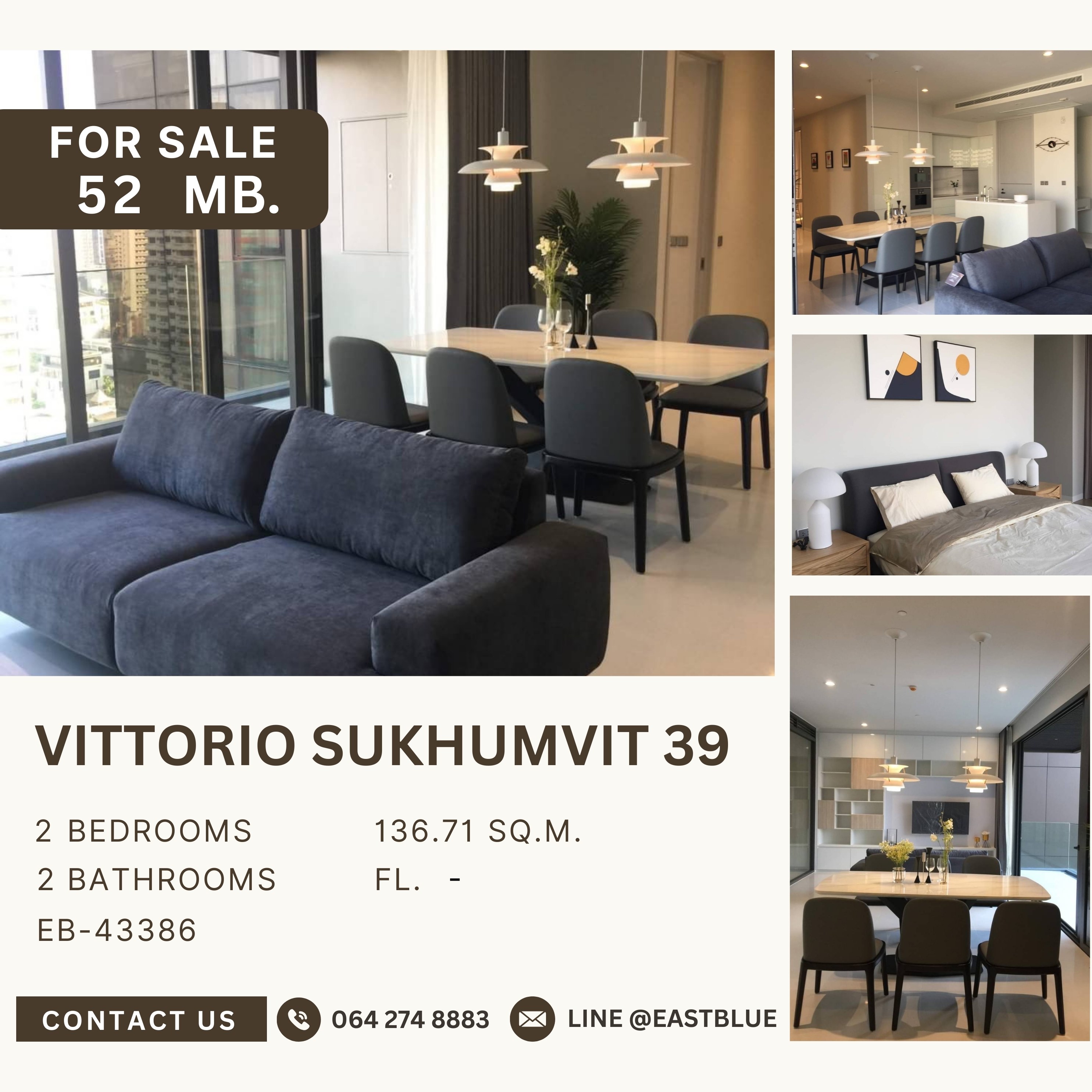 ขายคอนโดสุขุมวิท อโศก ทองหล่อ : Vittorio Sukhumvit 39 Super Luxury Condo, Best location, The EM district, hight floor with best price 52 MB.