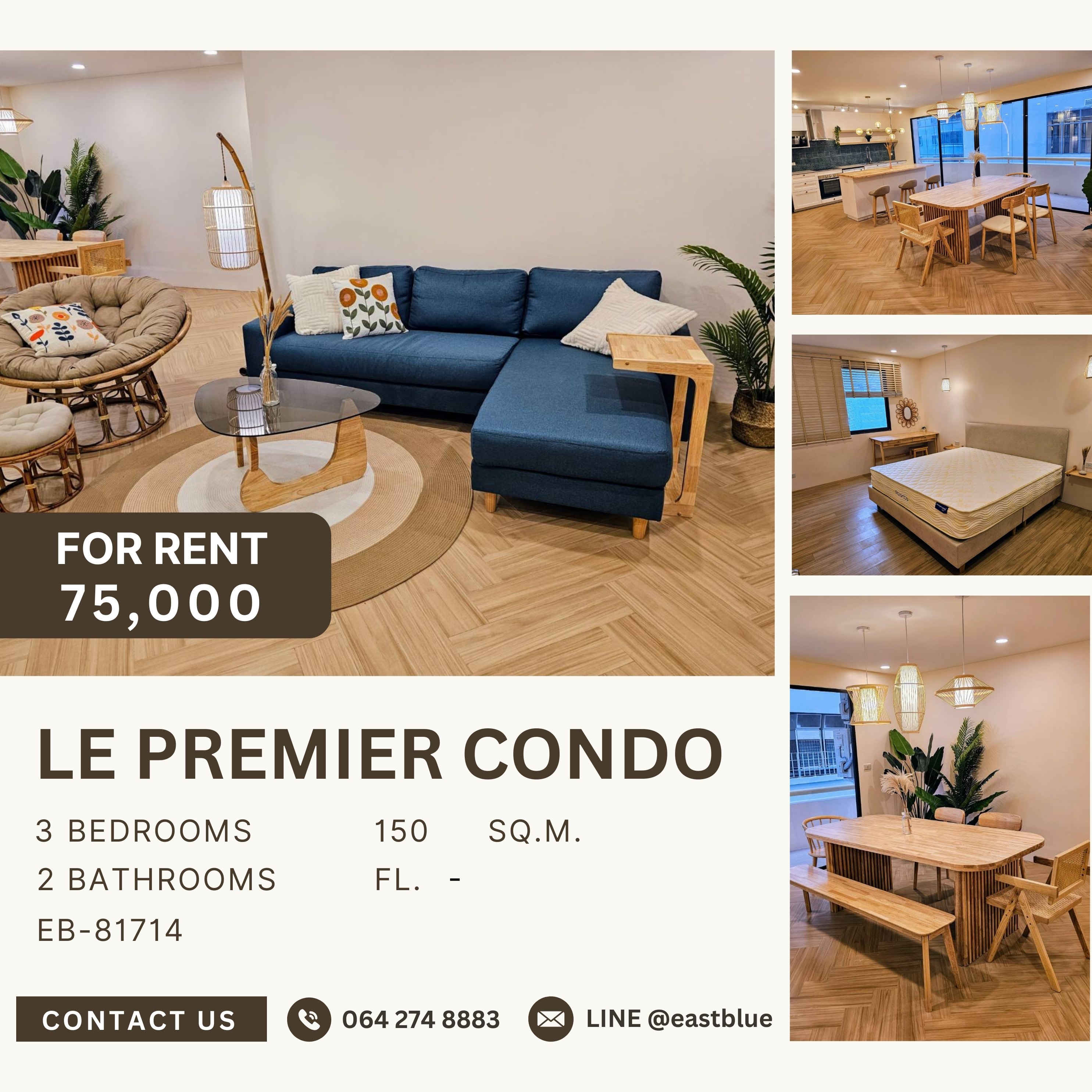 ให้เช่าคอนโดสุขุมวิท อโศก ทองหล่อ : Le Premier Condo, 3 bed, 75000 per month