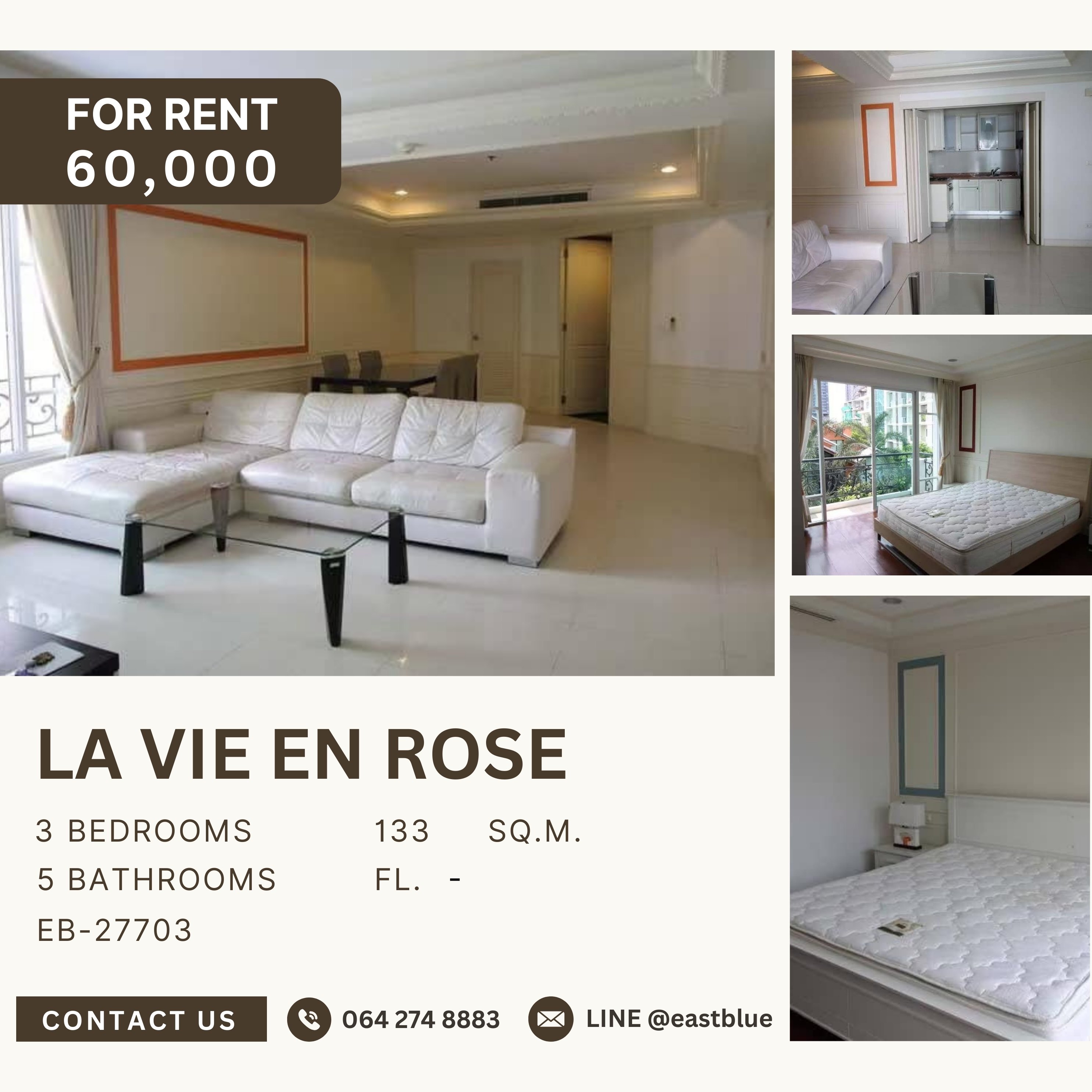 ให้เช่าคอนโดสุขุมวิท อโศก ทองหล่อ : La Vie En Rose, 3 bed, 60000 per month