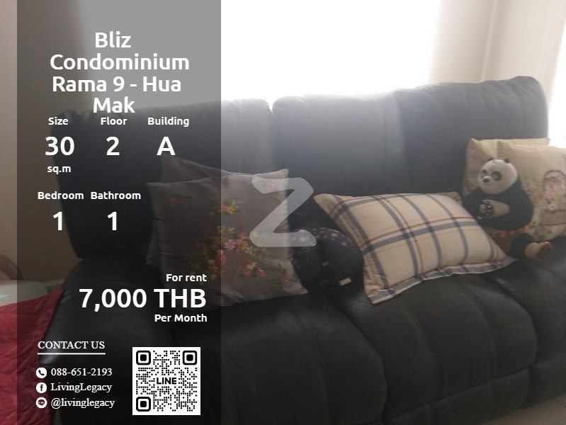 ให้เช่าคอนโดพัฒนาการ ศรีนครินทร์ : SJ85GM ให้เช่าคอนโด Bliz Condominium Rama 9 - Hua Mak 30 ตร.ม. ชั้น 2 ตึก A line id : @livinglegacy tel : 088-651-2193