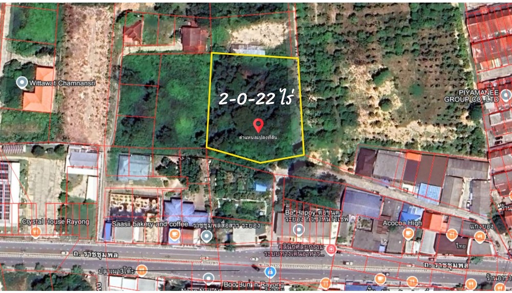 For SaleLandRayong : Land for sale in Rayong, Noen Phra Subdistrict, Waewong Alley, near Ratchachumpon Road, 50 meters, area 2-0-22 rai, good location, 2 entrances and exits, red city plan