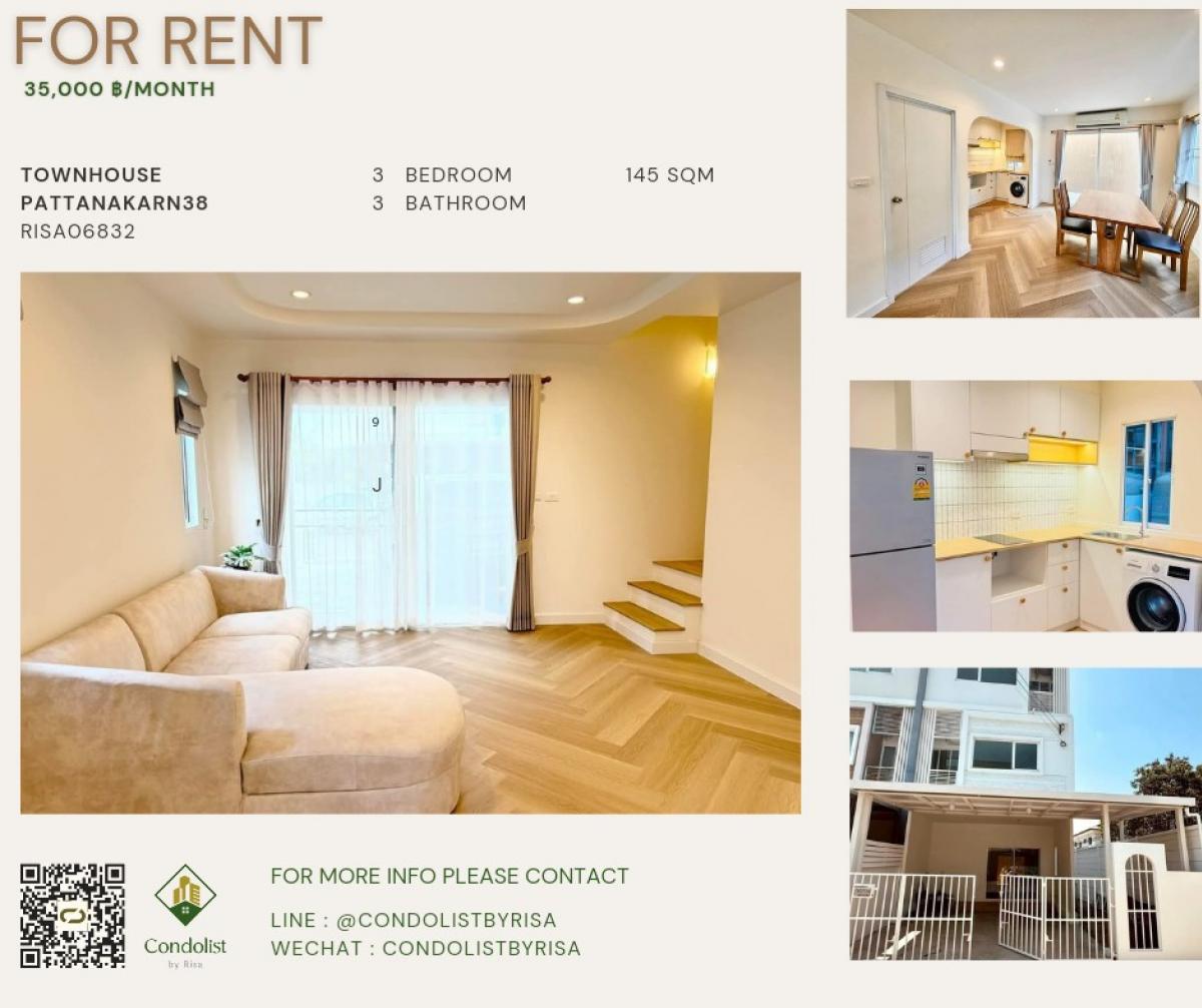 For RentTownhousePattanakan, Srinakarin : Risa06832 Townhouse for rent, Phatthanakan 38, 145 sq m, 3 bedrooms, 3 bathrooms, 2 parking spaces, only 35,000 baht.