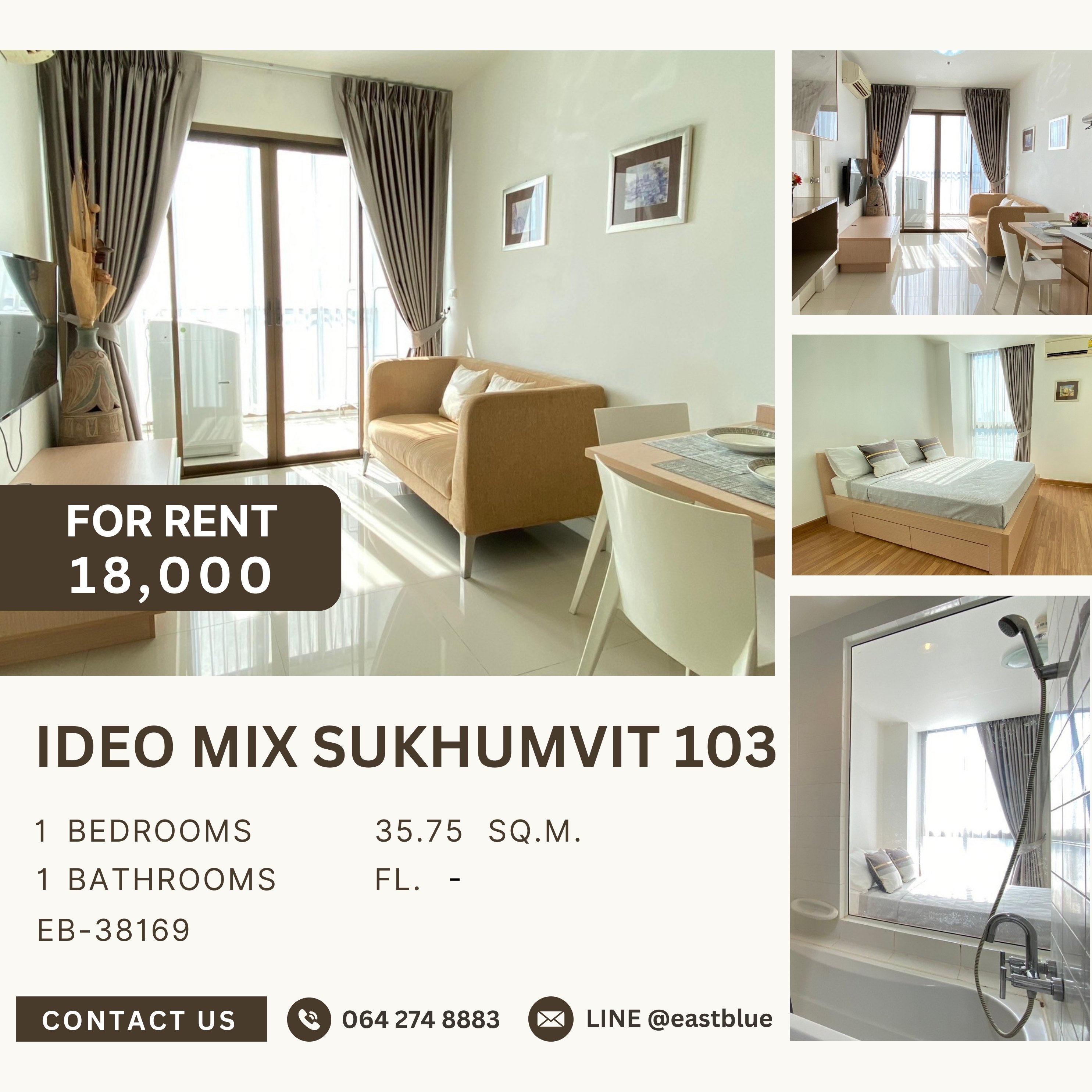 For RentCondoOnnut, Udomsuk : Ideo Mix Sukhumvit 103, 1 bed, 18000 per month