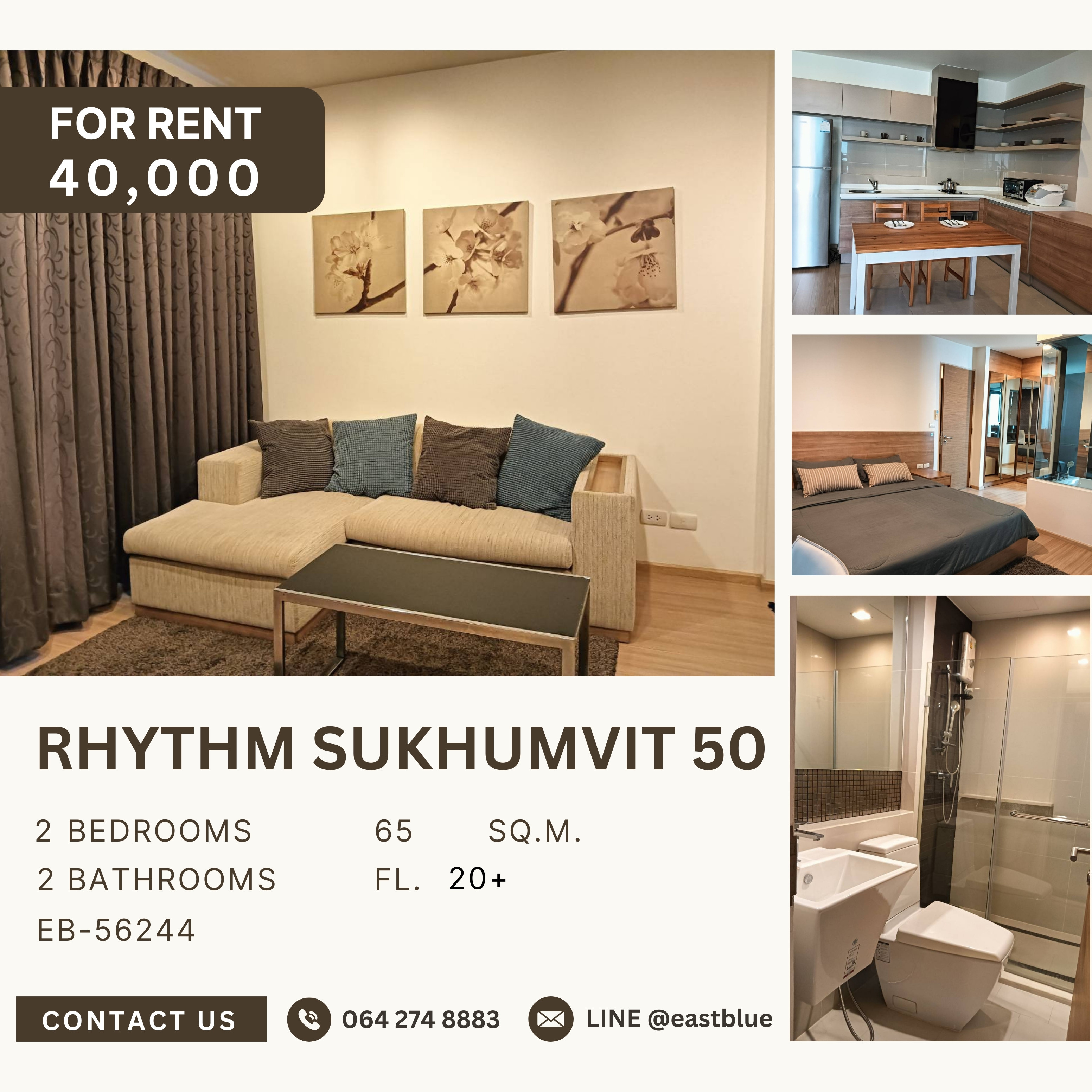 ให้เช่าคอนโดอ่อนนุช อุดมสุข : RHYTHM Sukhumvit 50, 2 bed, 40000 per month