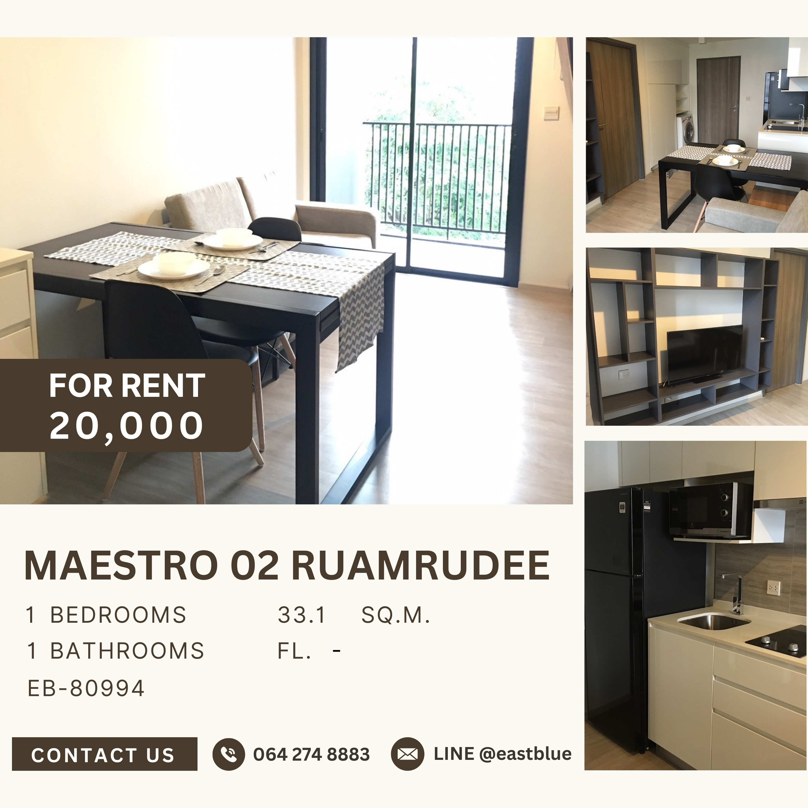 ให้เช่าคอนโดวิทยุ ชิดลม หลังสวน : Maestro 02 Ruamrudee, 1 bed, 20000 per month