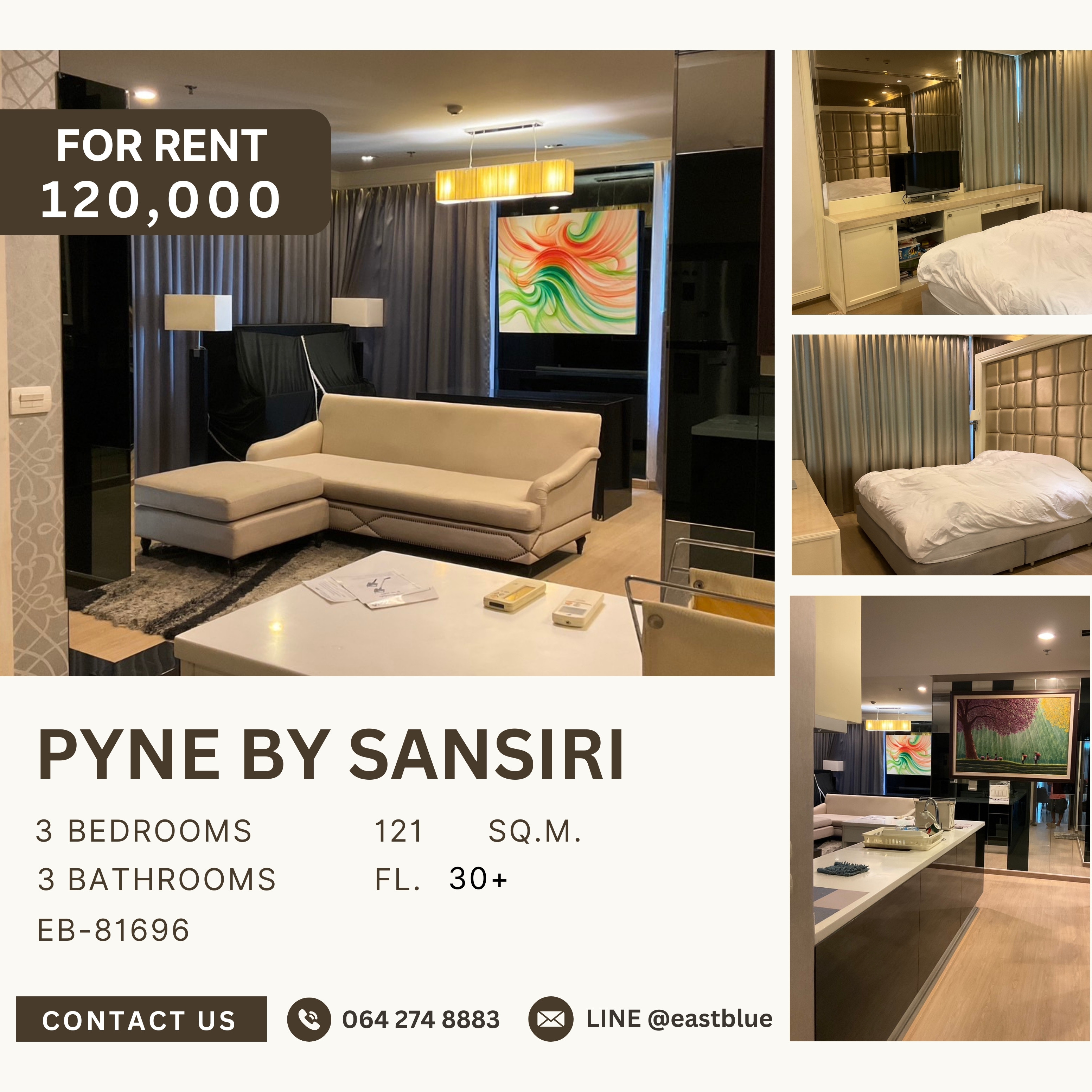 ให้เช่าคอนโดราชเทวี พญาไท : Pyne By Sansiri, 3 bed, 120000 per month