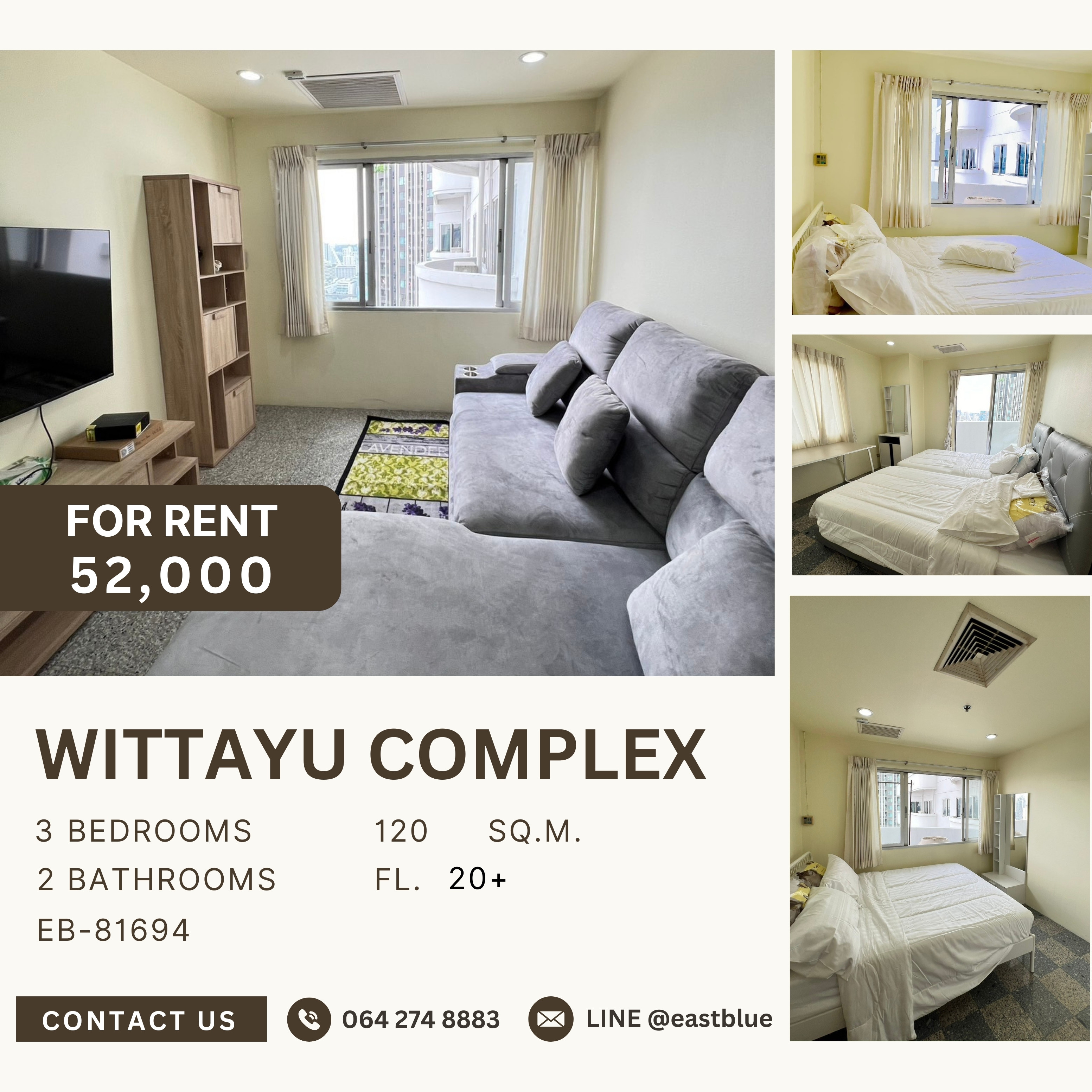 ให้เช่าคอนโดวิทยุ ชิดลม หลังสวน : Wittayu Complex, 3 bed, 52000 per month