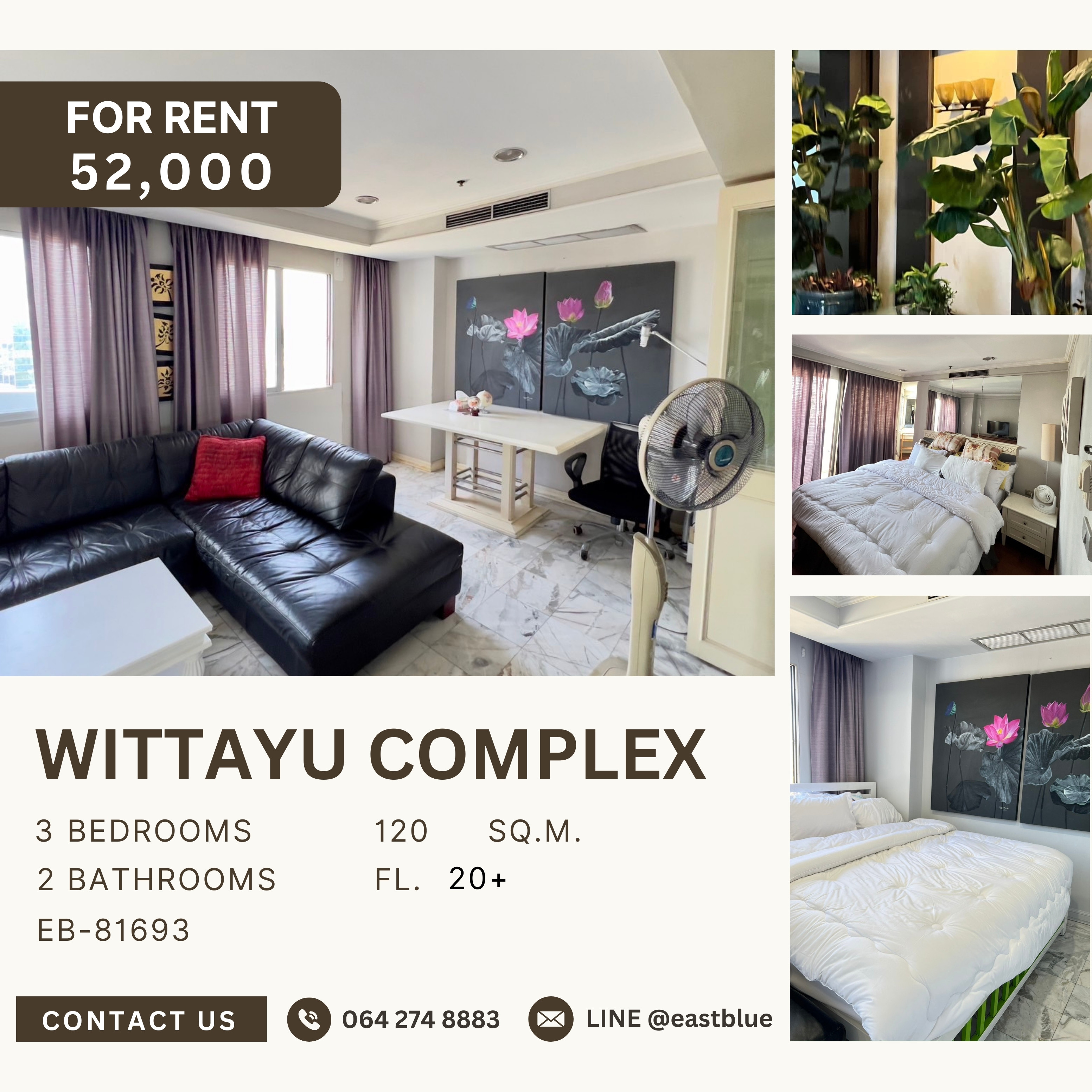 ให้เช่าคอนโดวิทยุ ชิดลม หลังสวน : Wittayu Complex, 3 bed, 52000 per month