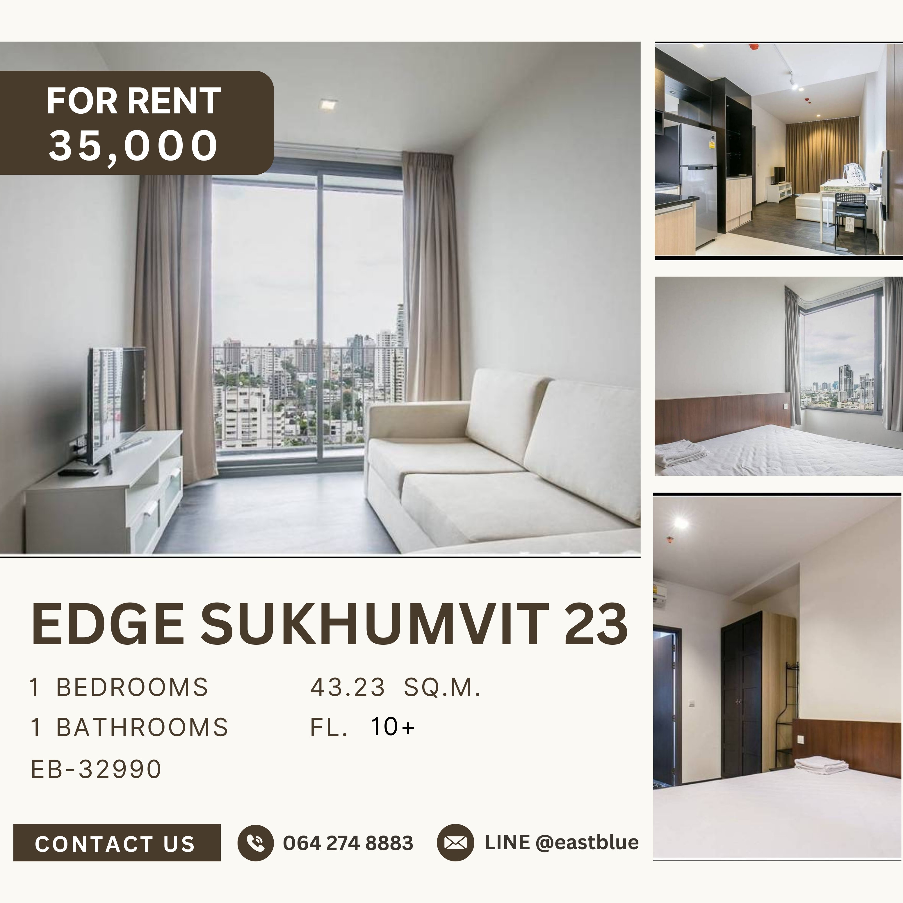 ให้เช่าคอนโดสุขุมวิท อโศก ทองหล่อ : Edge Sukhumvit 23, 1 bed, 35000 per month