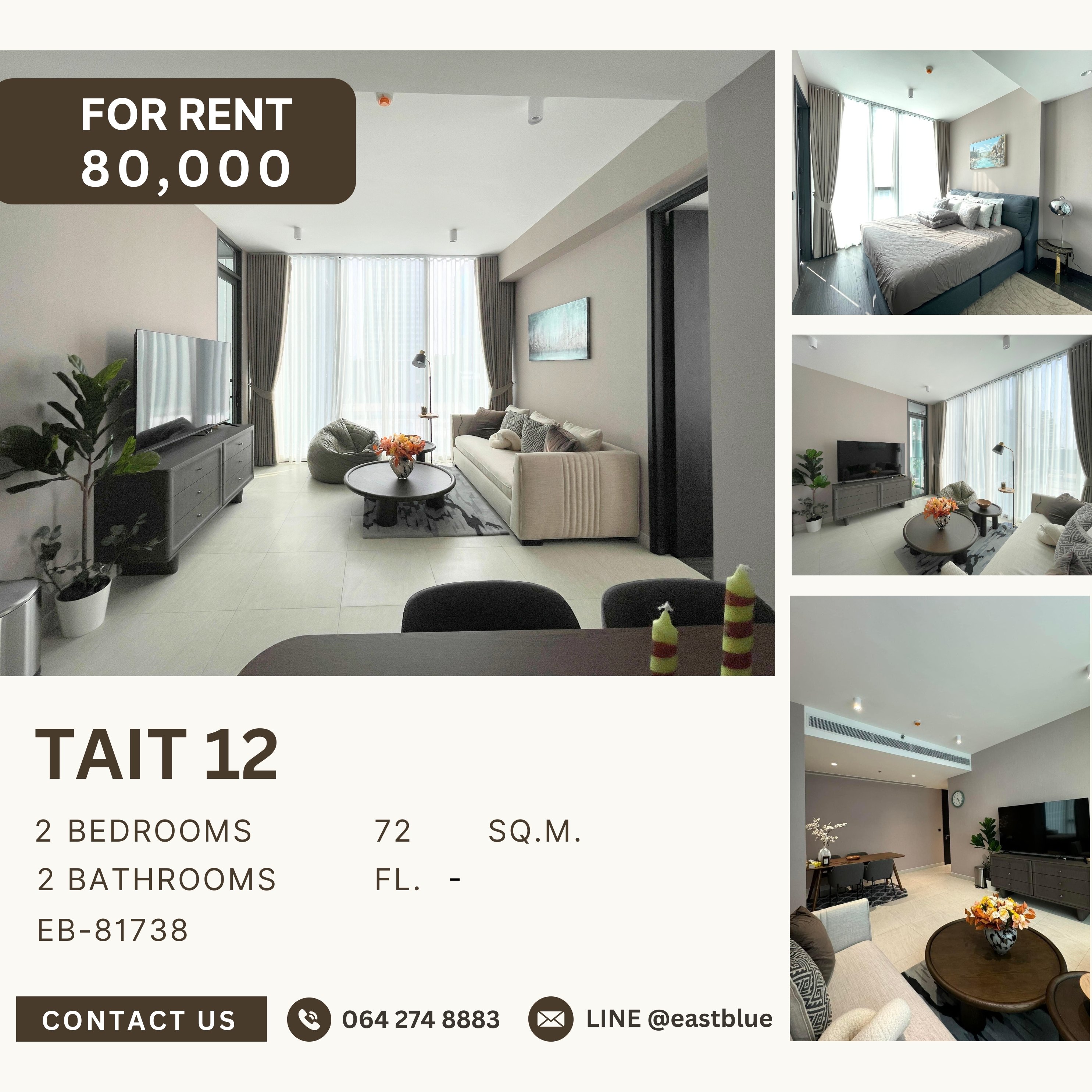 ให้เช่าคอนโดสาทร นราธิวาส : Tait 12, 2 bed, 80000 per month