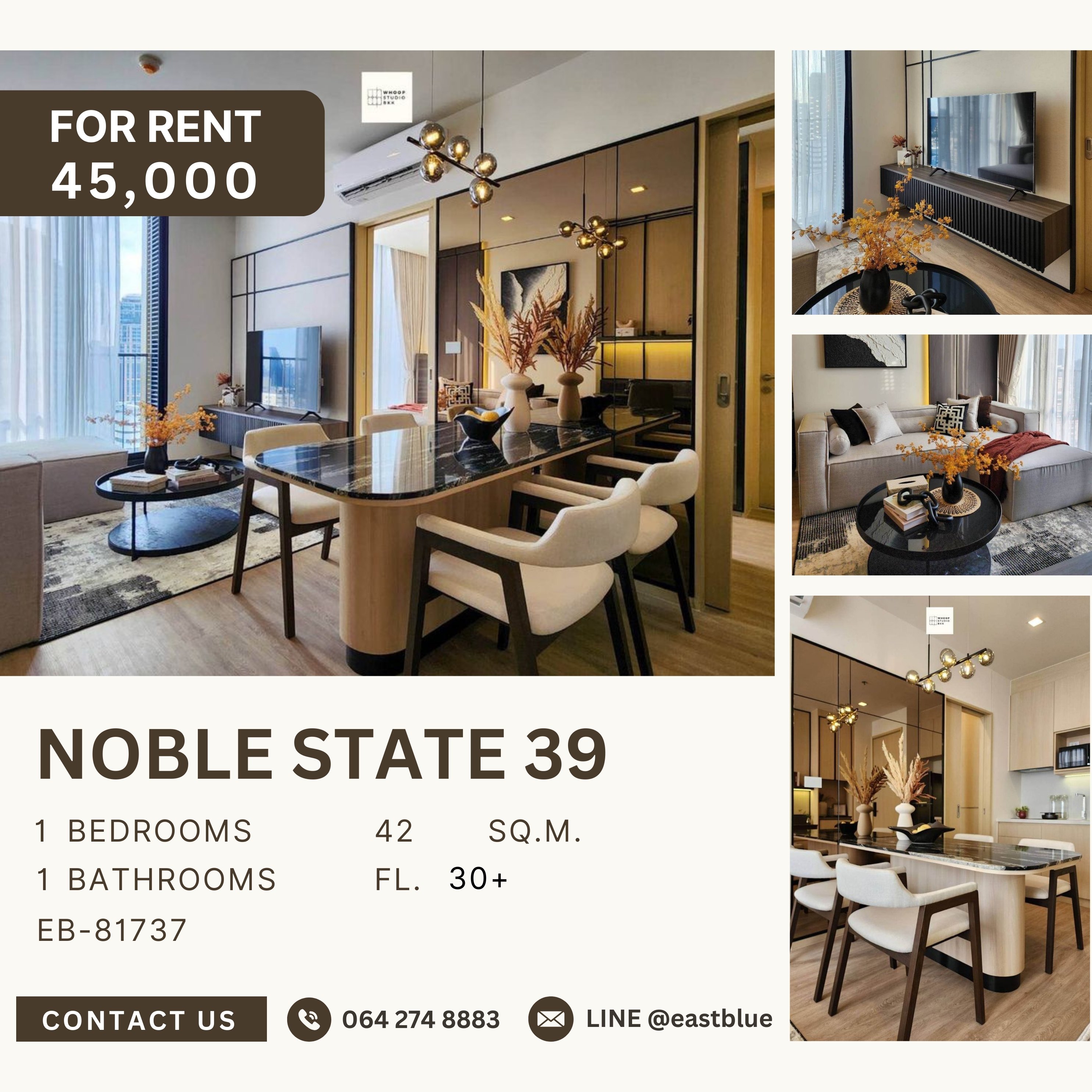 ให้เช่าคอนโดสุขุมวิท อโศก ทองหล่อ : NOBLE STATE 39, 1 bed, 45000 per month