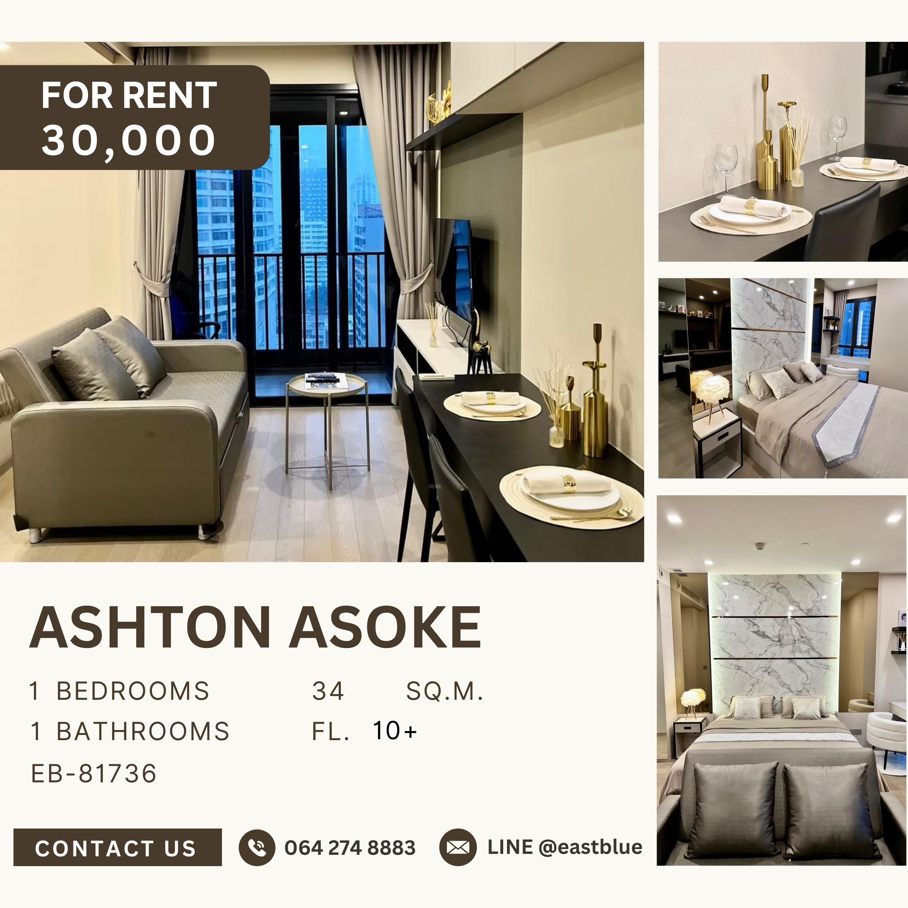 ให้เช่าคอนโดสุขุมวิท อโศก ทองหล่อ : Ashton Asoke, 1 bed, 30000 per month