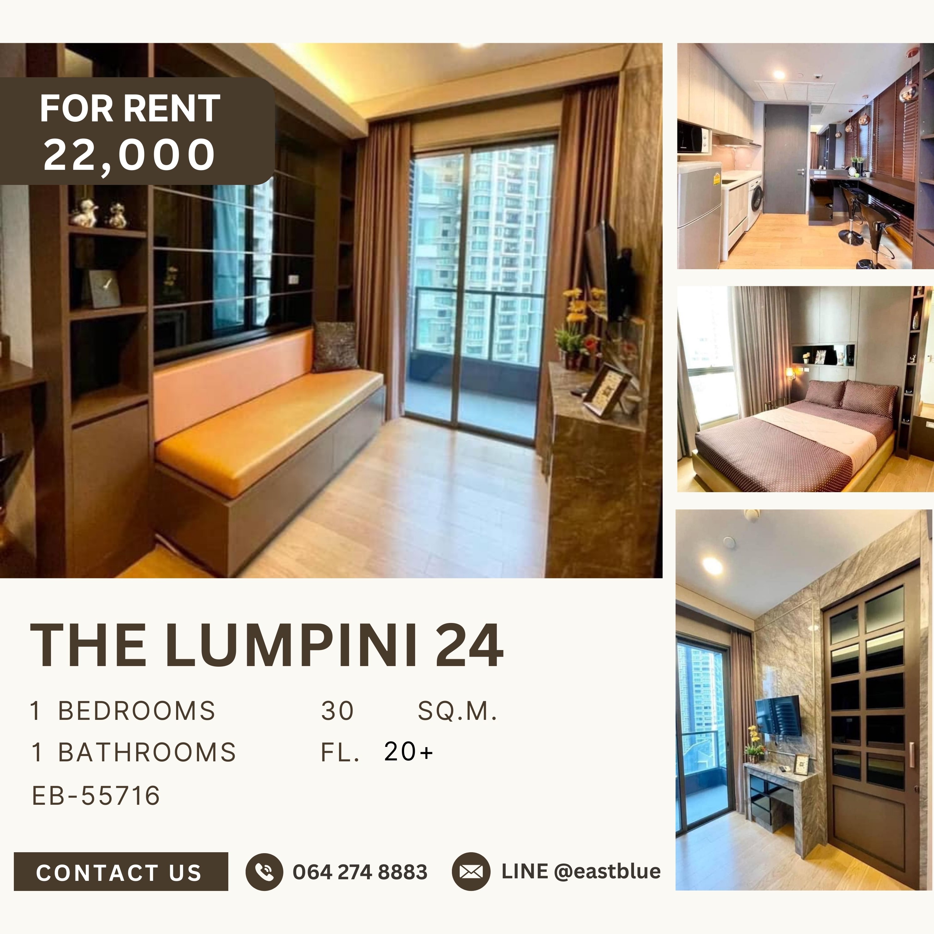 ให้เช่าคอนโดสุขุมวิท อโศก ทองหล่อ : The Lumpini 24, 1 bed, 22000 per month