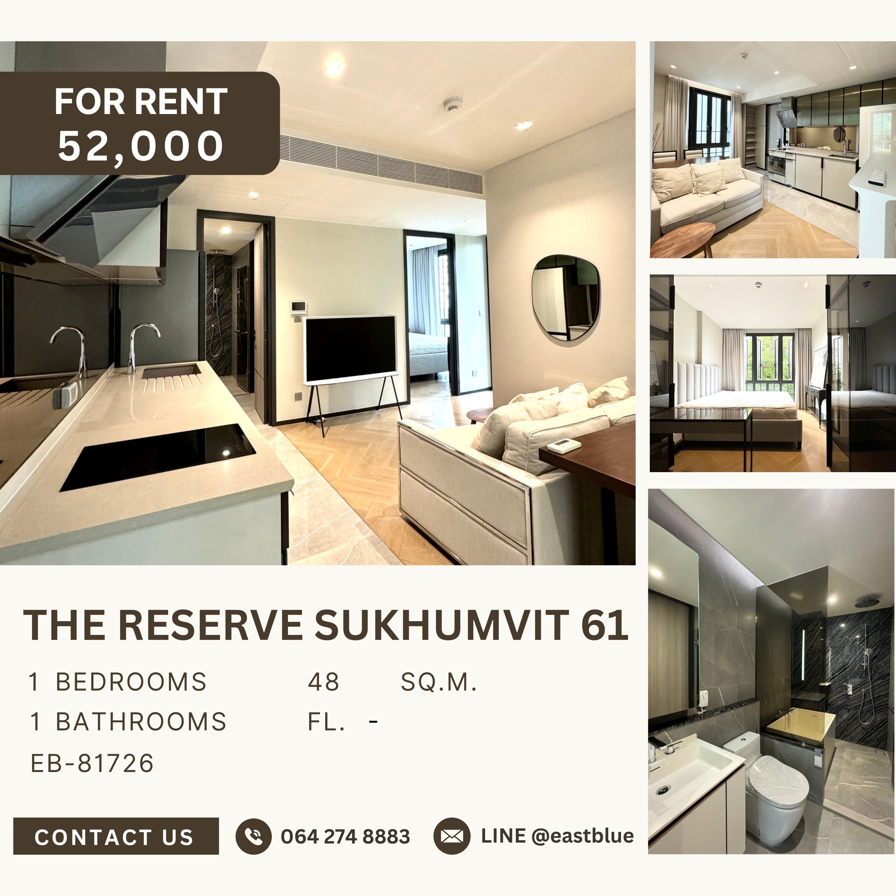 ให้เช่าคอนโดสุขุมวิท อโศก ทองหล่อ : The Reserve Sukhumvit 61, 1 bed, 52000 per month