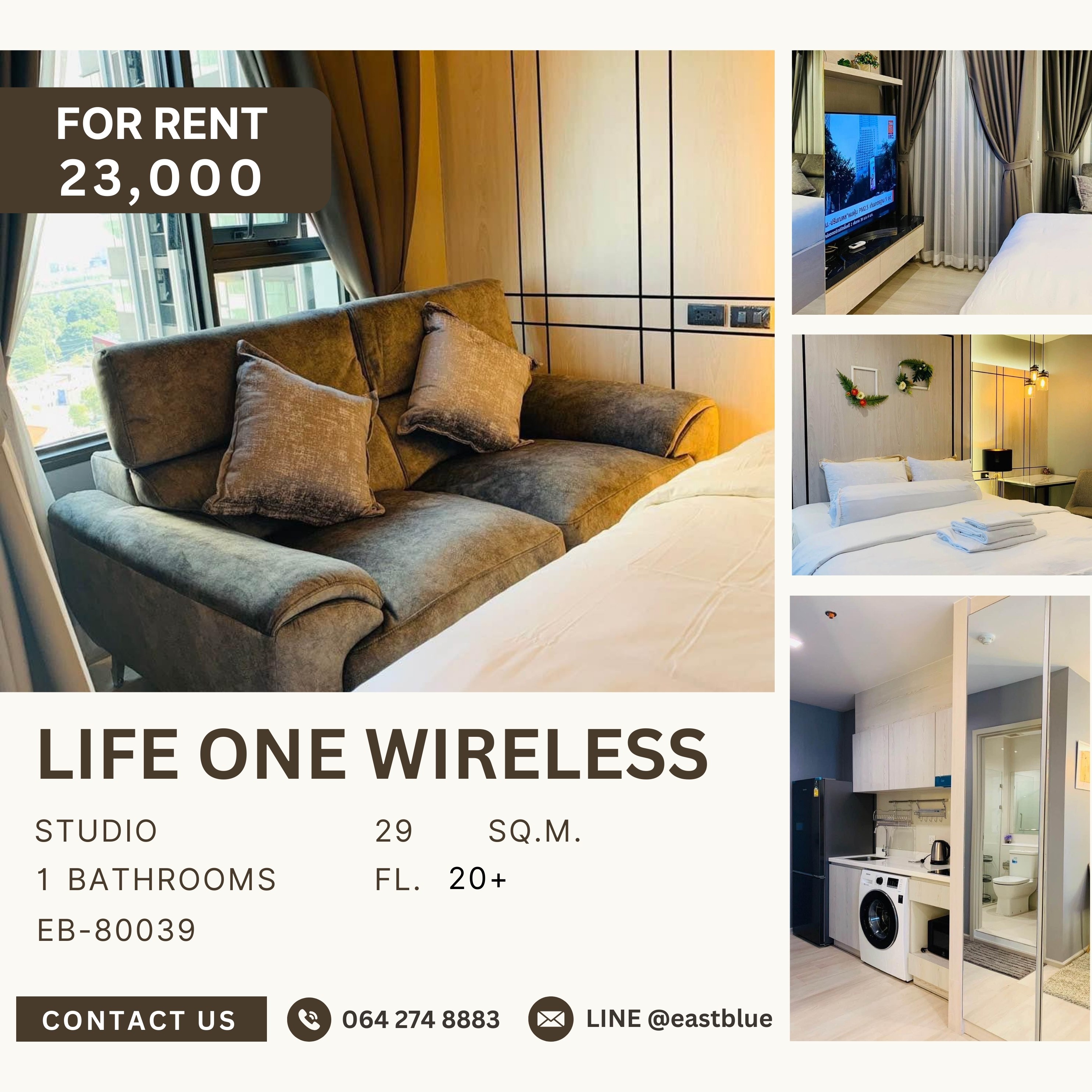 For RentCondoWitthayu, Chidlom, Langsuan, Ploenchit : Life One Wireless, Studio bed, 23000 per month