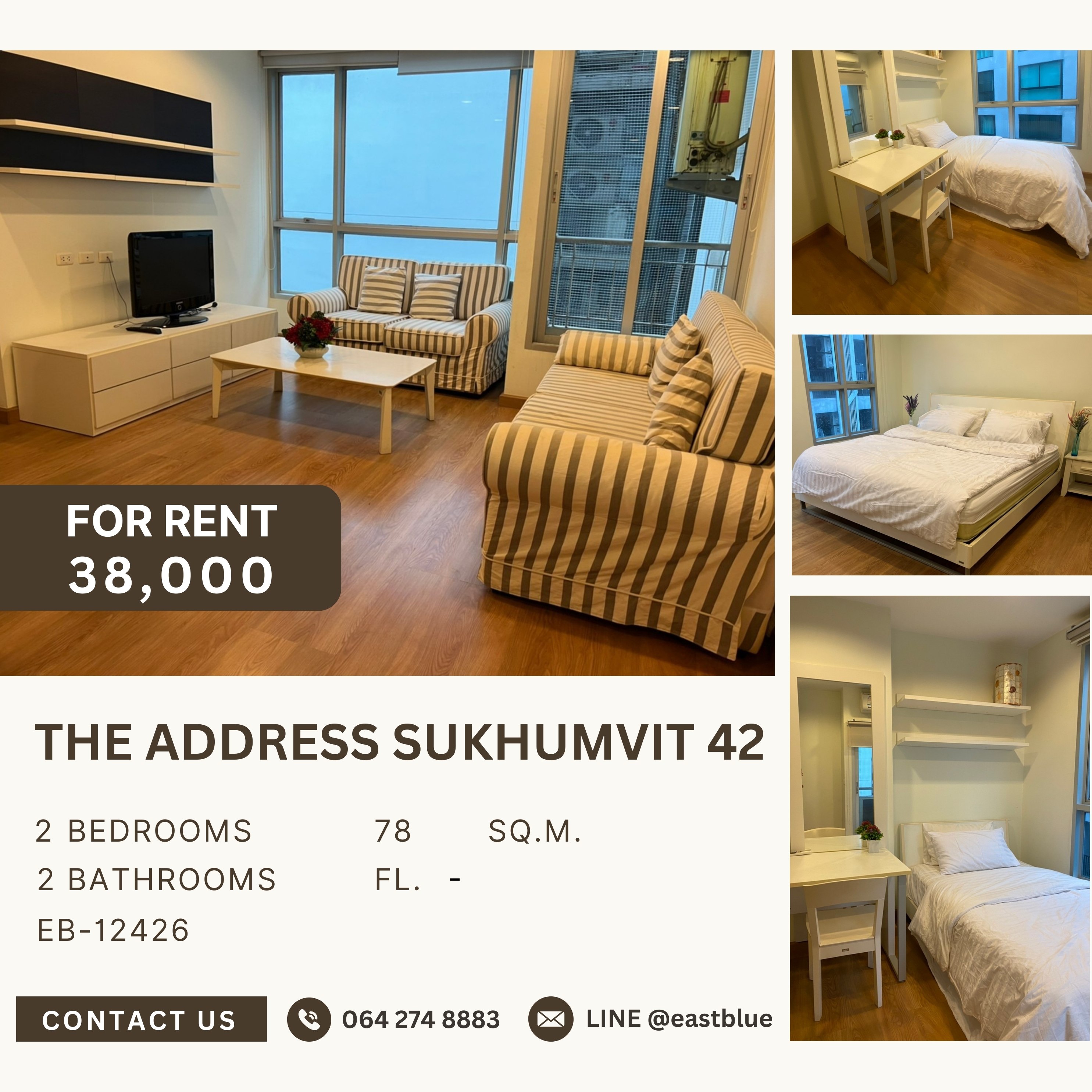 ให้เช่าคอนโดสุขุมวิท อโศก ทองหล่อ : The Address Sukhumvit 42, 2 bed, 38000 per month