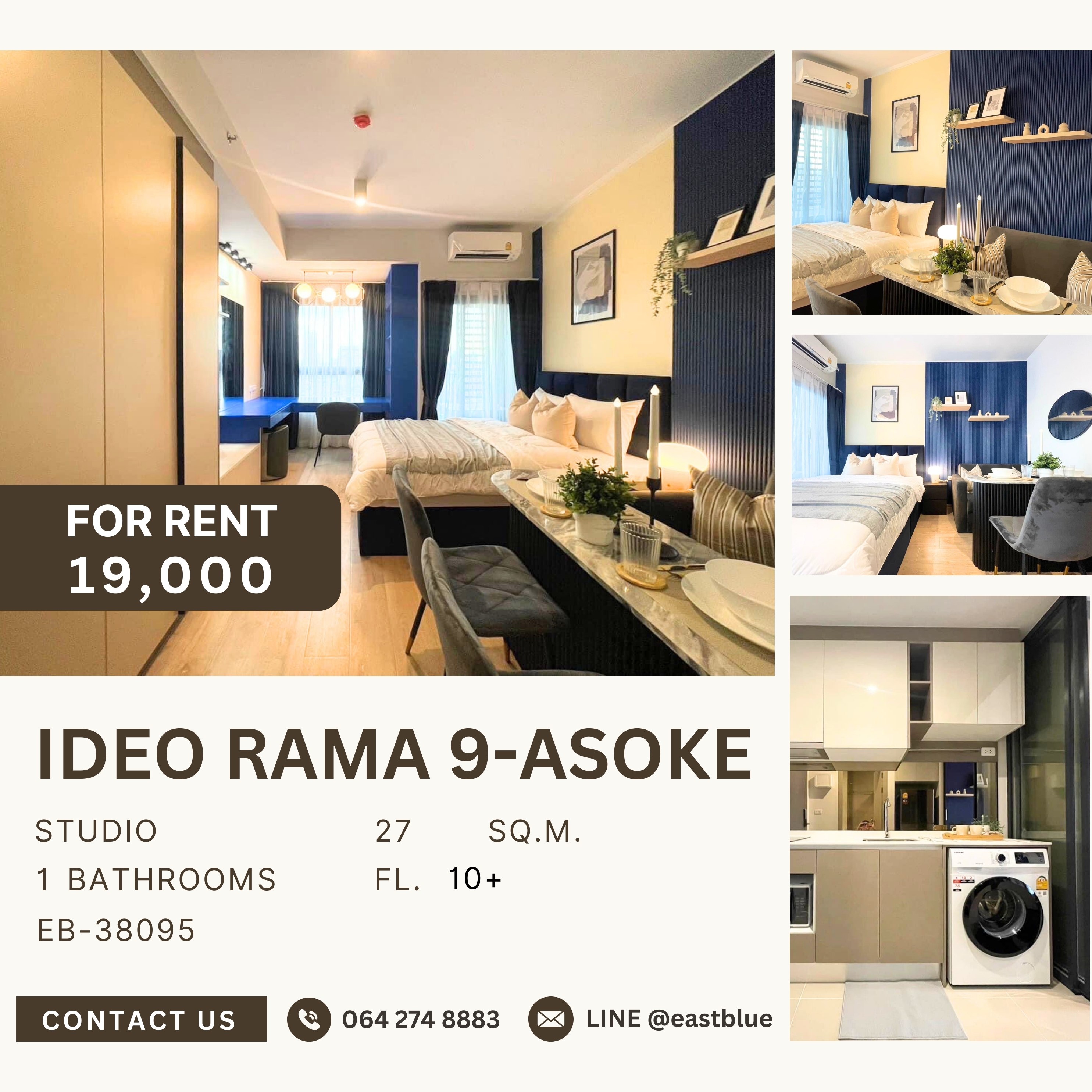 For RentCondoRama9, Petchburi, RCA : Ideo Rama 9-Asoke, Studio bed, 19000 per month