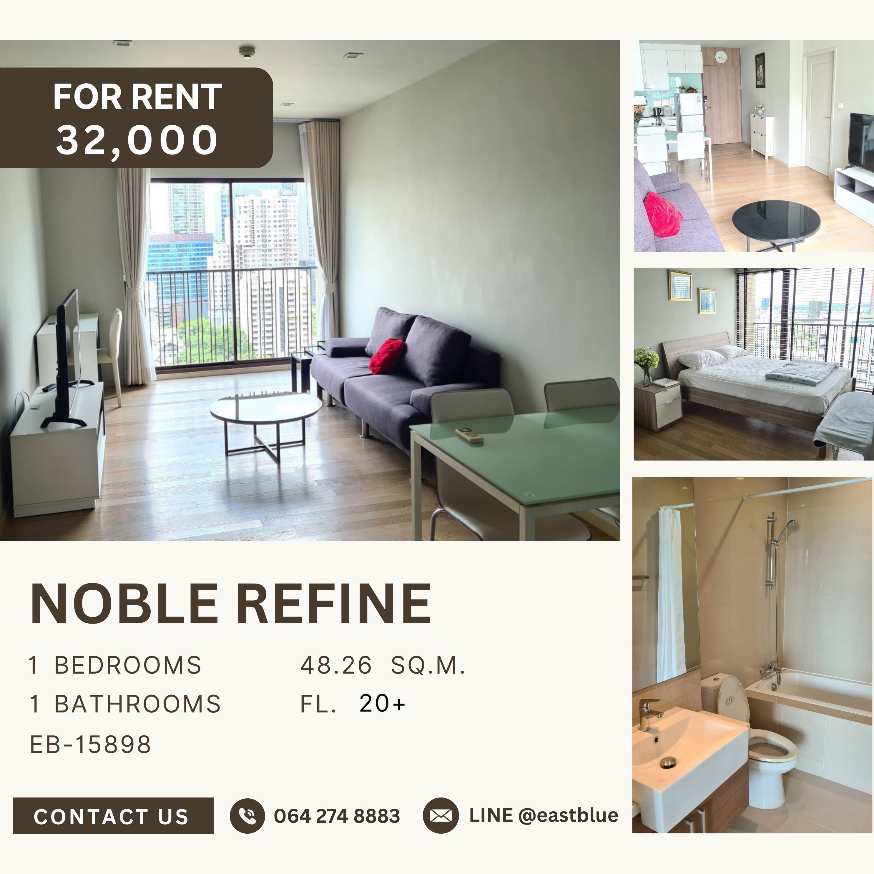 ให้เช่าคอนโดสุขุมวิท อโศก ทองหล่อ : Noble Refine, 1 bed, 32000 per month