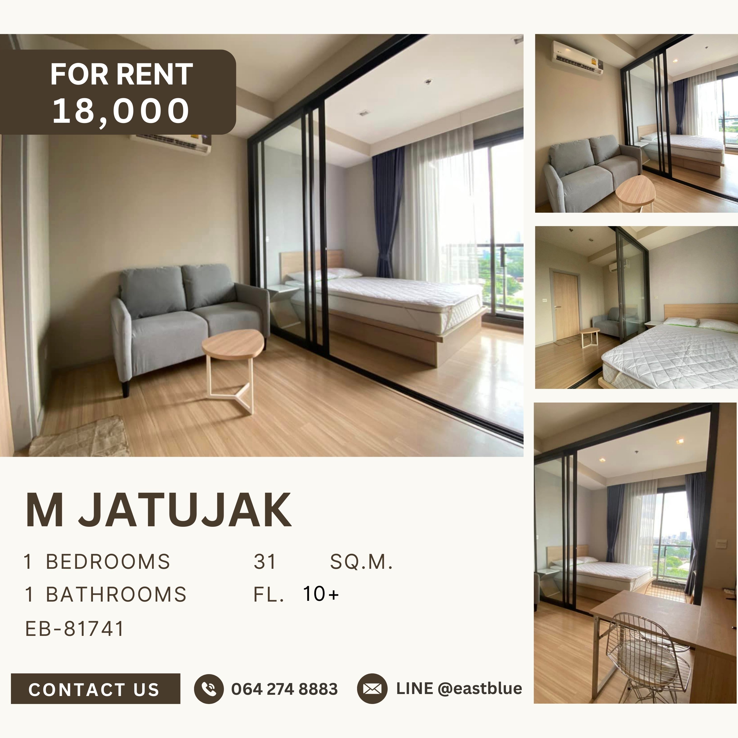 For RentCondoSapankwai,Jatujak : M Jatujak, 1 bed, 18000 per month