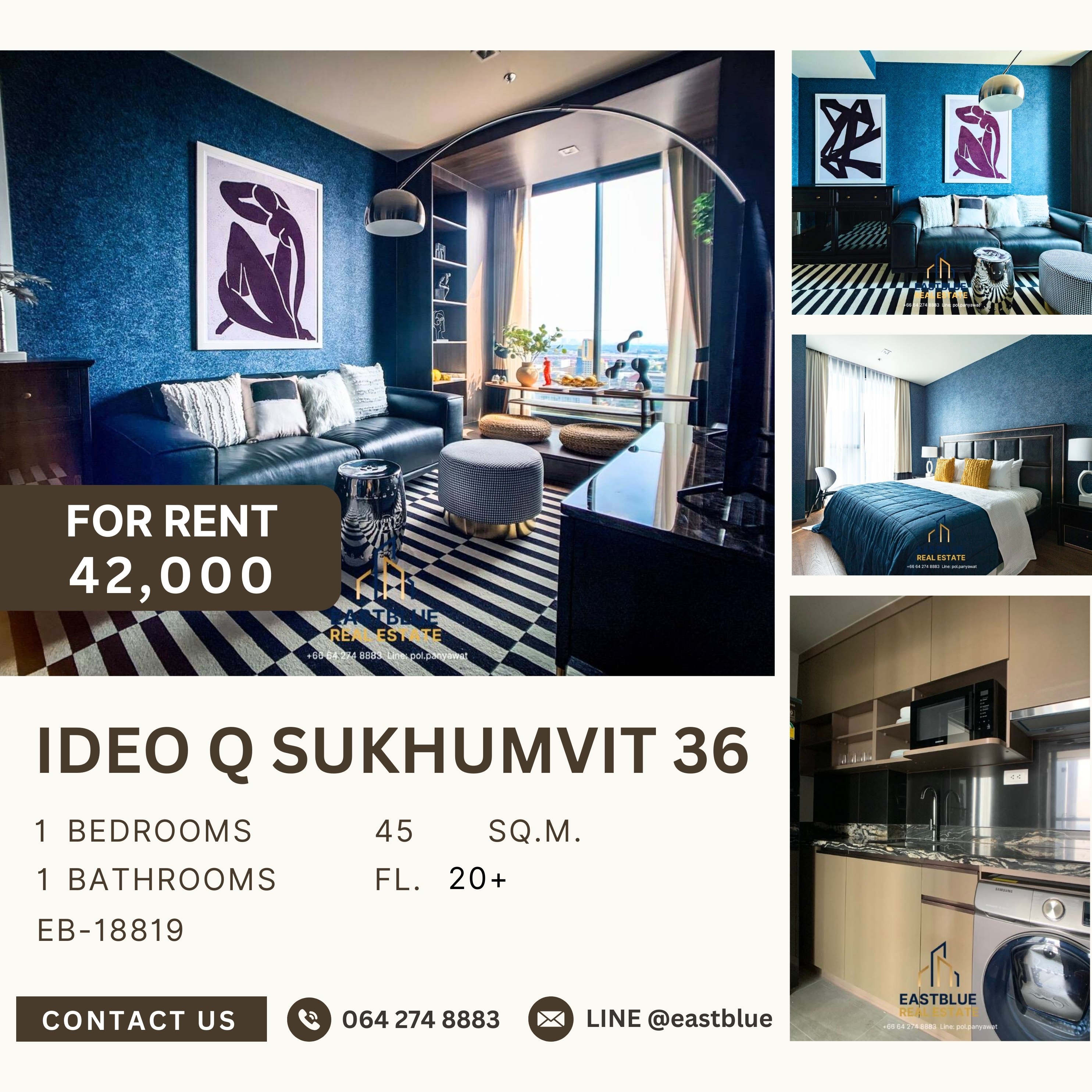 ให้เช่าคอนโดสุขุมวิท อโศก ทองหล่อ : IDEO Q Sukhumvit 36, 1 bed, 42000 per month