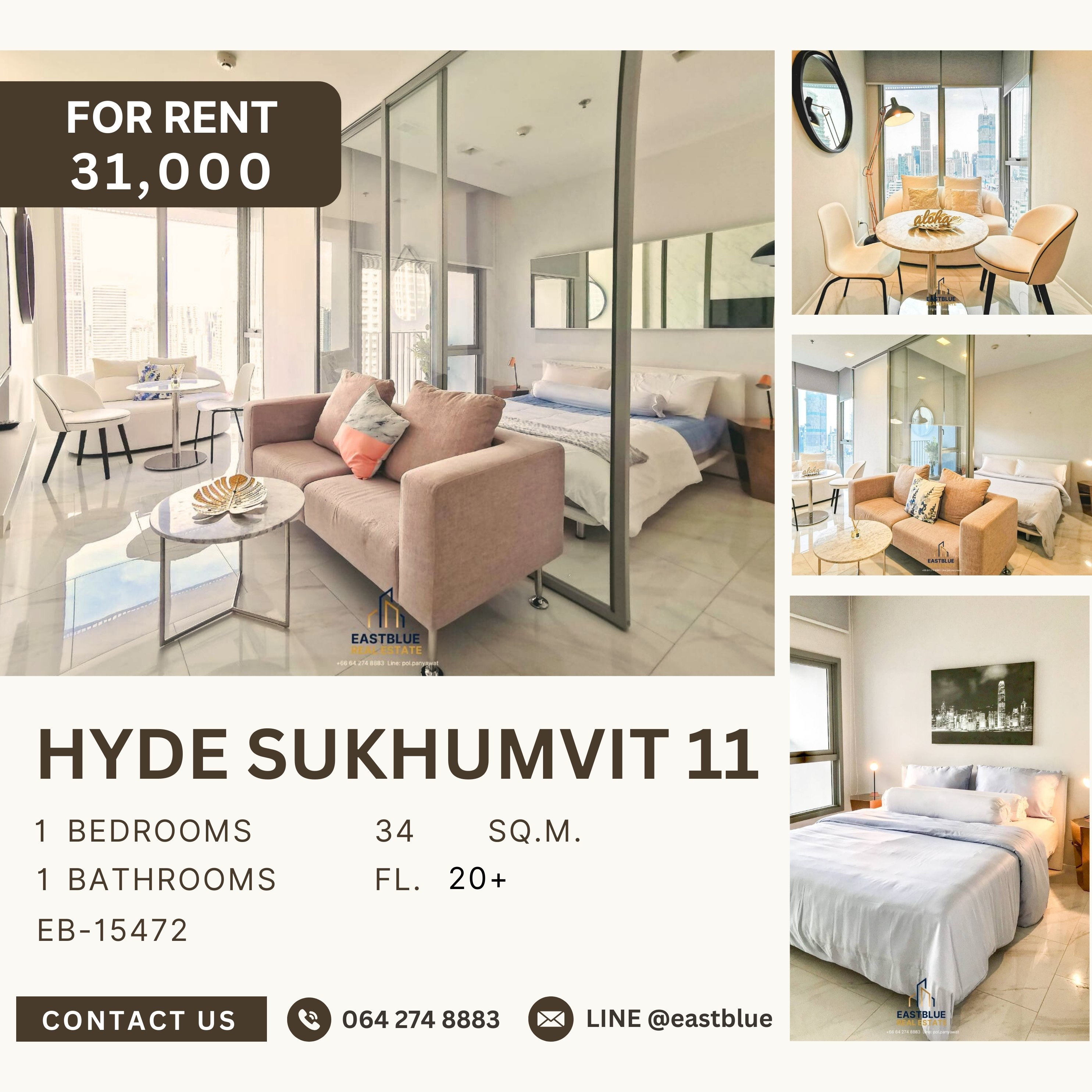 ให้เช่าคอนโดนานา : Hyde Sukhumvit 11, 1 bed, 31000 per month