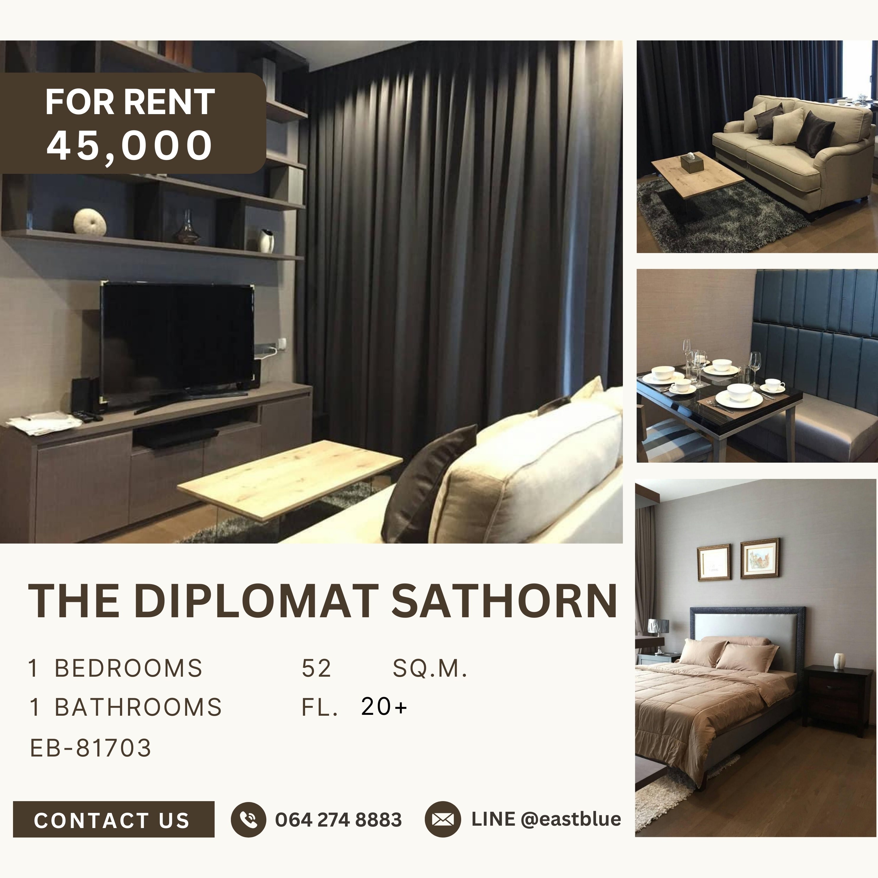 For RentCondoSathorn, Narathiwat : The Diplomat Sathorn, 1 bed, 45000 per month