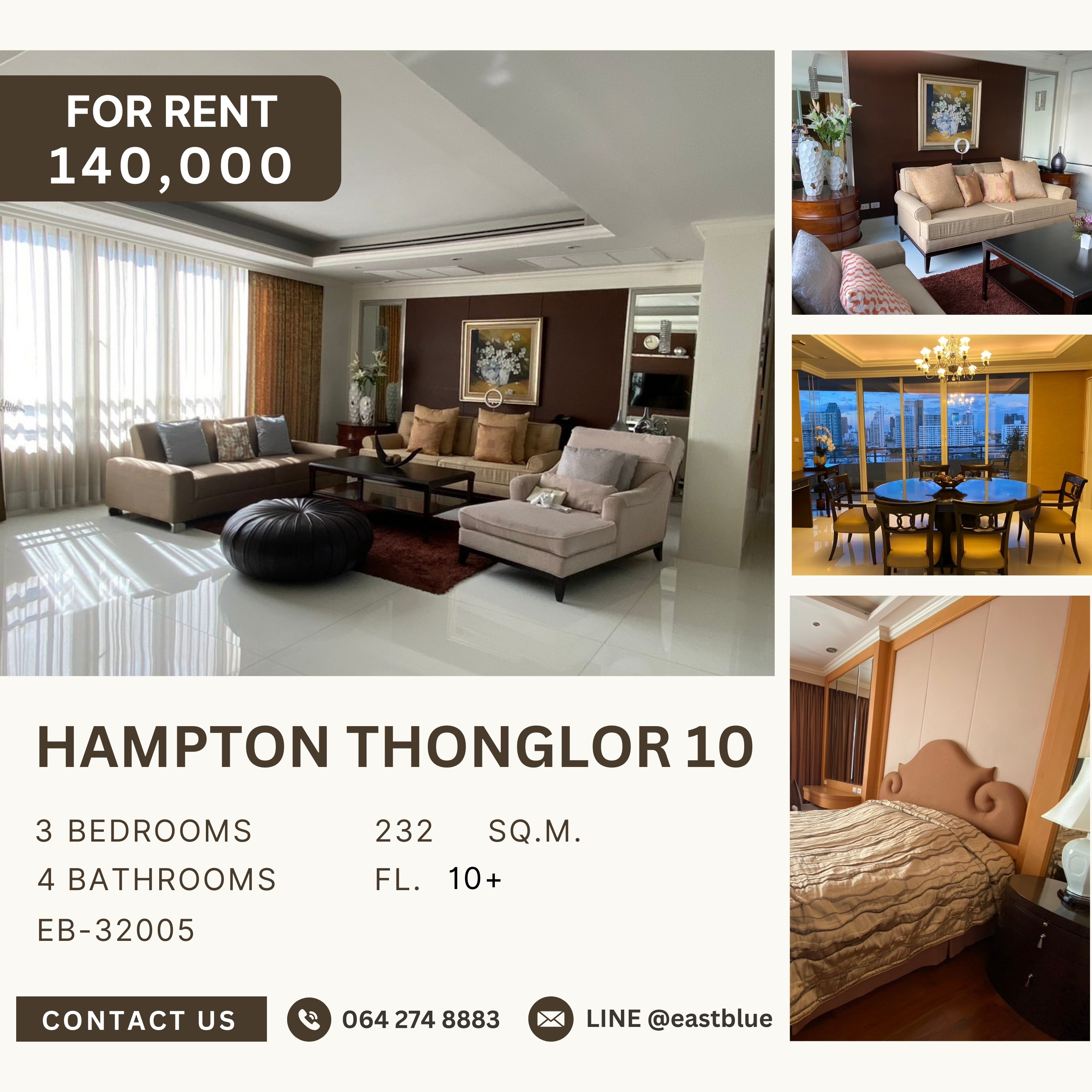 ให้เช่าคอนโดสุขุมวิท อโศก ทองหล่อ : Hampton Thonglor 10, 3 bed, 140000 per month