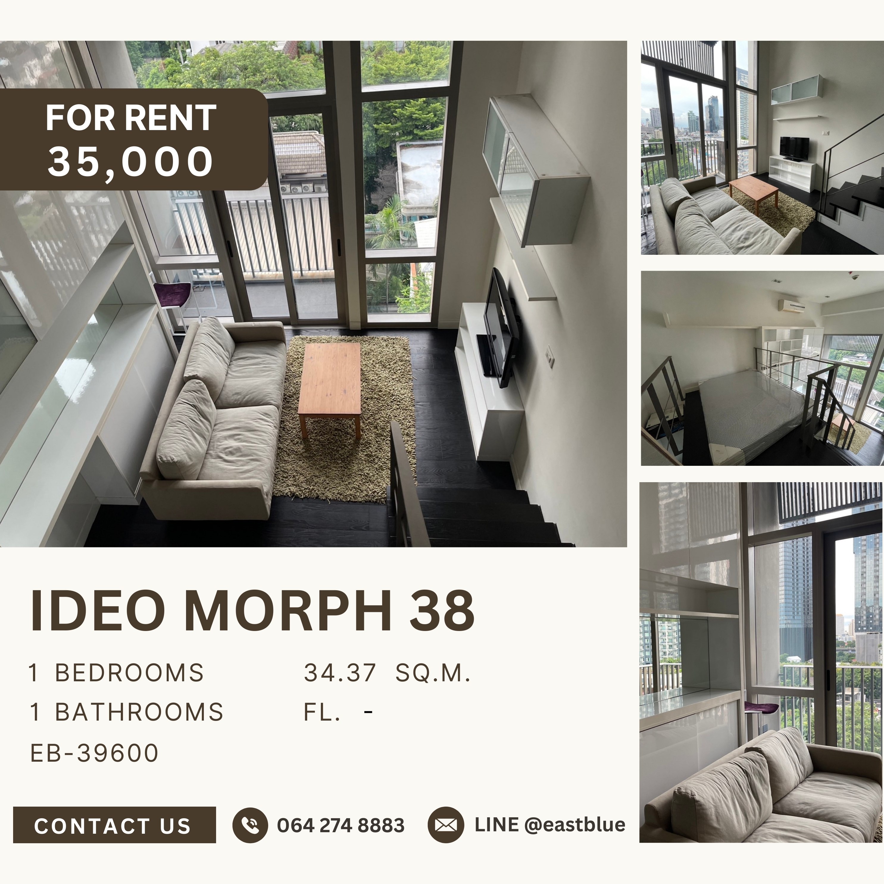 ให้เช่าคอนโดสุขุมวิท อโศก ทองหล่อ : Ideo Morph 38, 1 bed, 35000 per month