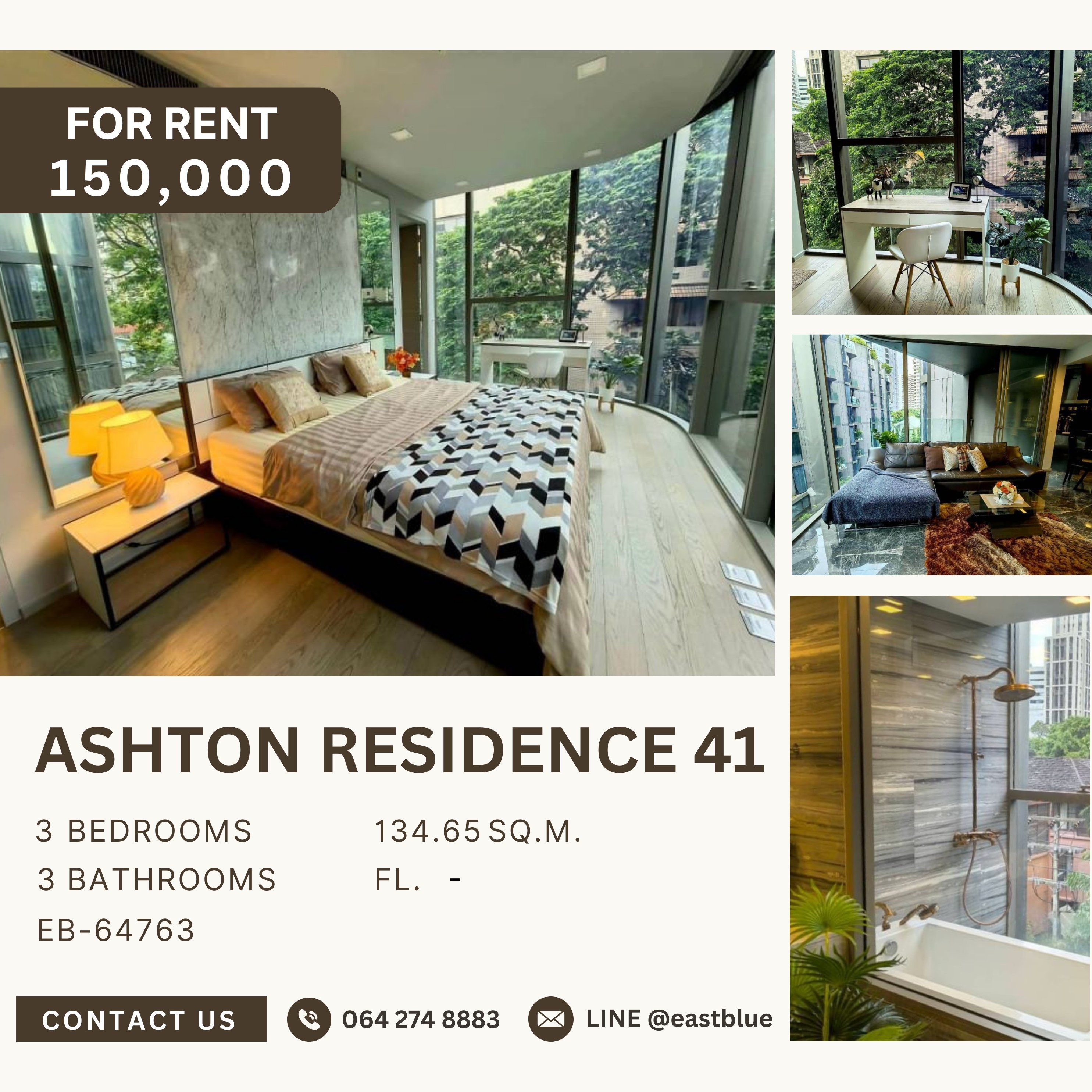 ให้เช่าคอนโดสุขุมวิท อโศก ทองหล่อ : Ashton Residence 41, 3 bed, 150000 per month