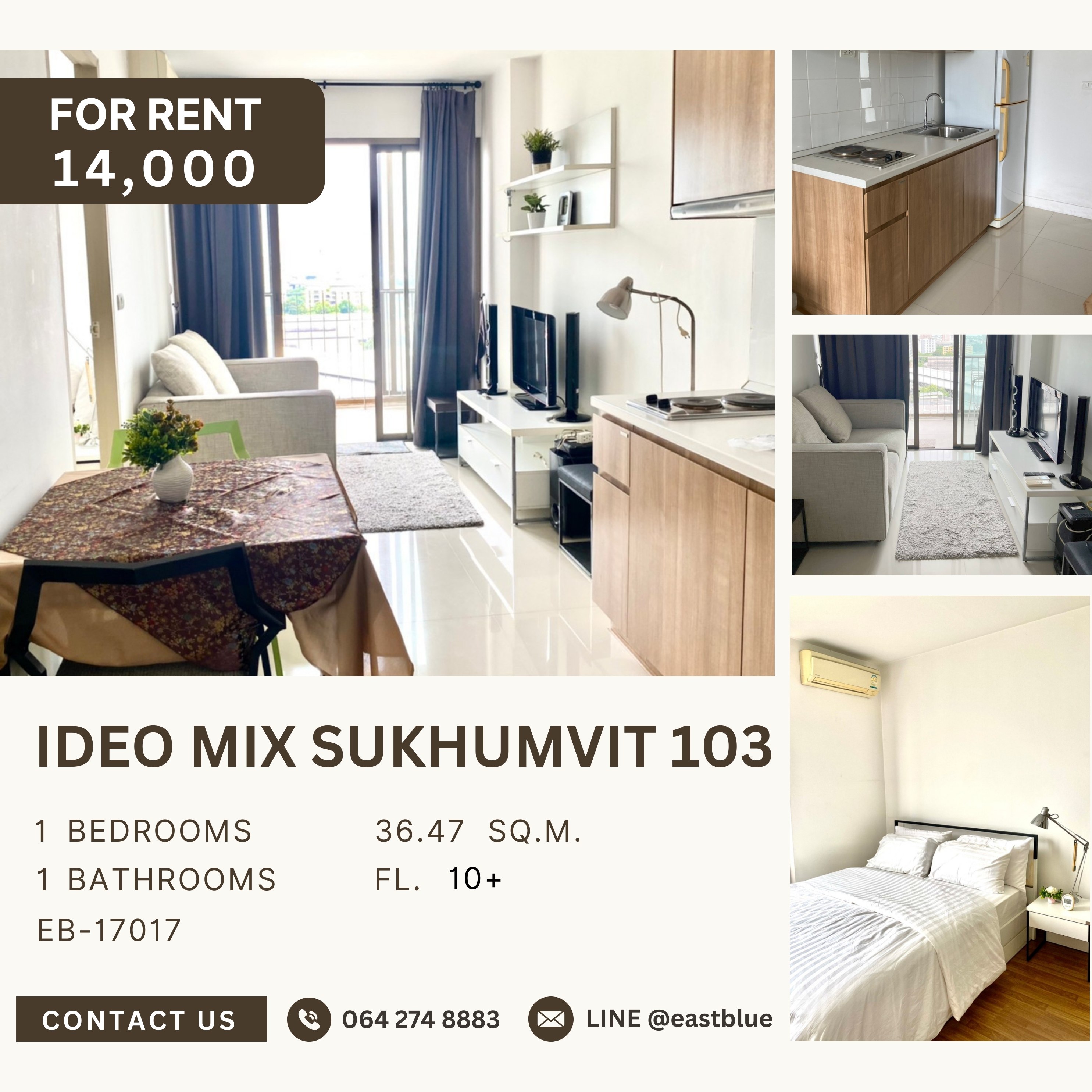 For RentCondoOnnut, Udomsuk : Ideo Mix Sukhumvit 103, 1 bed, 14000 per month