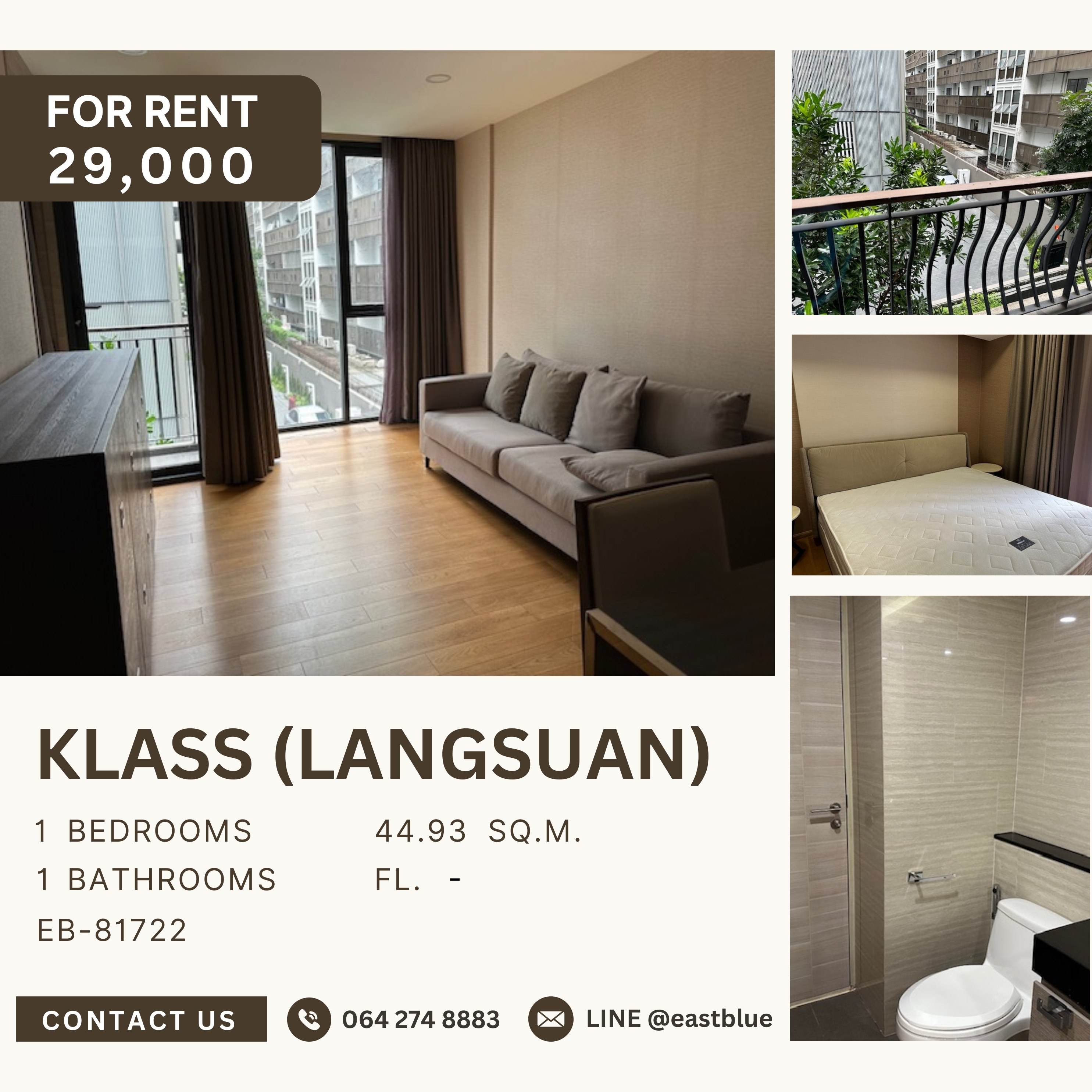 For RentCondoWitthayu, Chidlom, Langsuan, Ploenchit : Klass Condo (Langsuan), 1 bed, 29000 per month