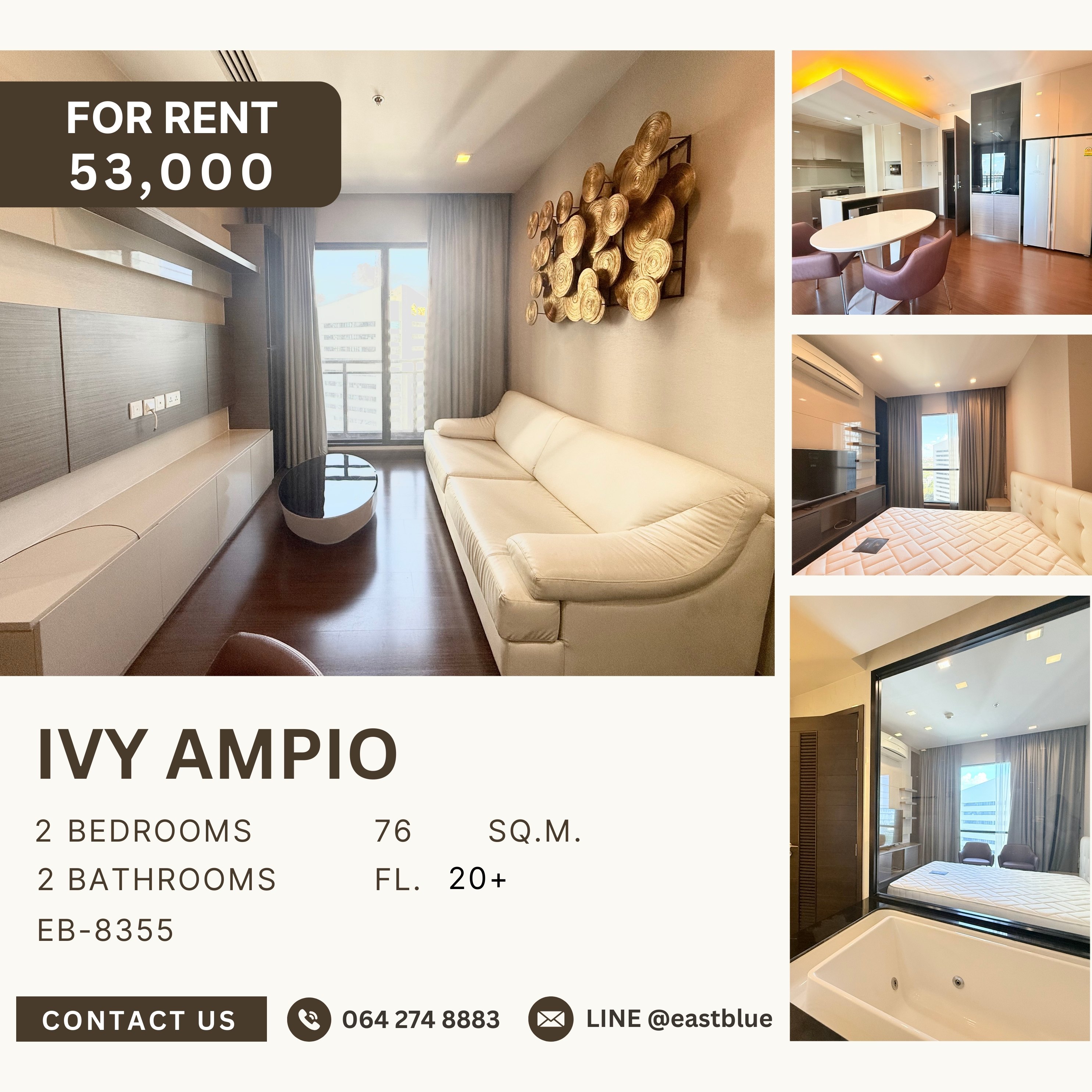 ให้เช่าคอนโดรัชดา ห้วยขวาง : Ivy Ampio, 2 bed, 53000 per month