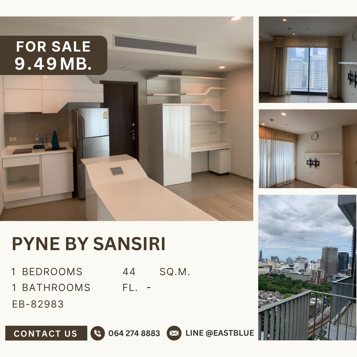 ขายคอนโดราชเทวี พญาไท : ✅PYNE by Sansiri , 1 bed 1 bath 46 ตรม. Fl. 20+ ราคา 8.99 MB.  โทร 092-2462653 Donut