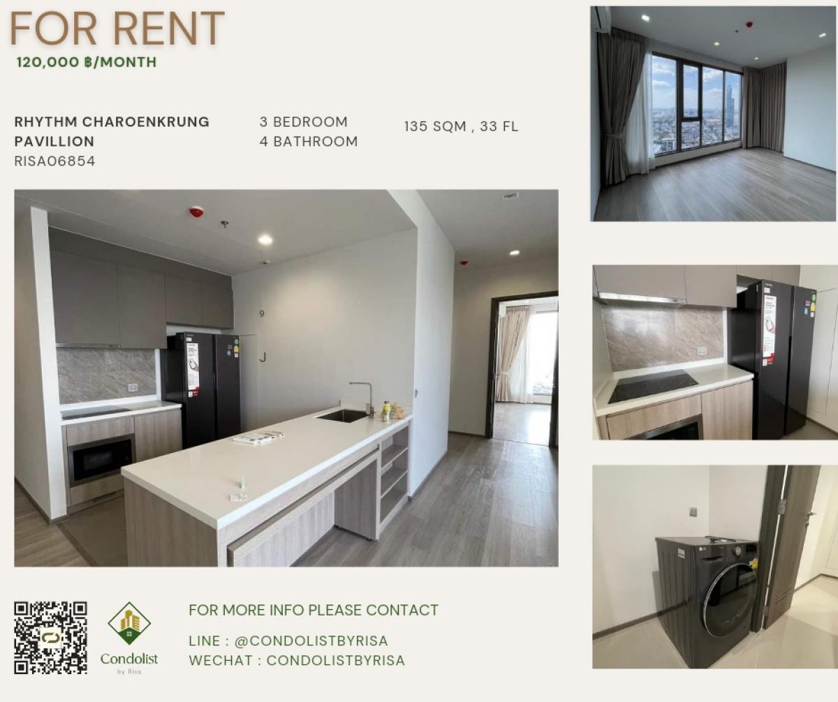 For RentCondoSathorn, Narathiwat : Risa06853 Condo for rent, Rhythm Charoen Krung Pavilion, 135 sq m, 33rd floor, 3 bedrooms, 4 bathrooms, only 120,000 baht