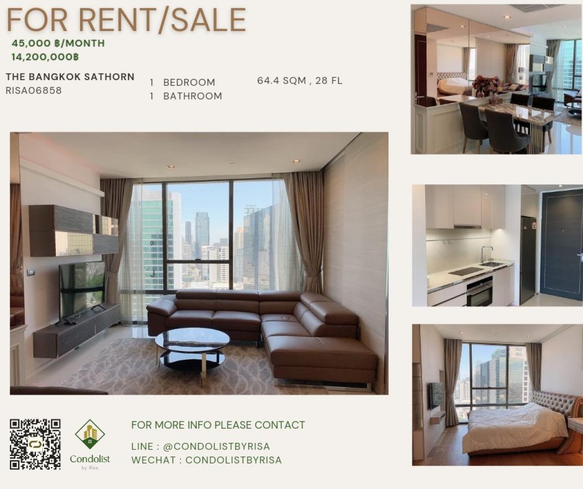 For RentCondoSathorn, Narathiwat : Risa06858 Condo for rent The Bangkok Sathorn 64.4 sq m, 28th floor, only 45,000 baht